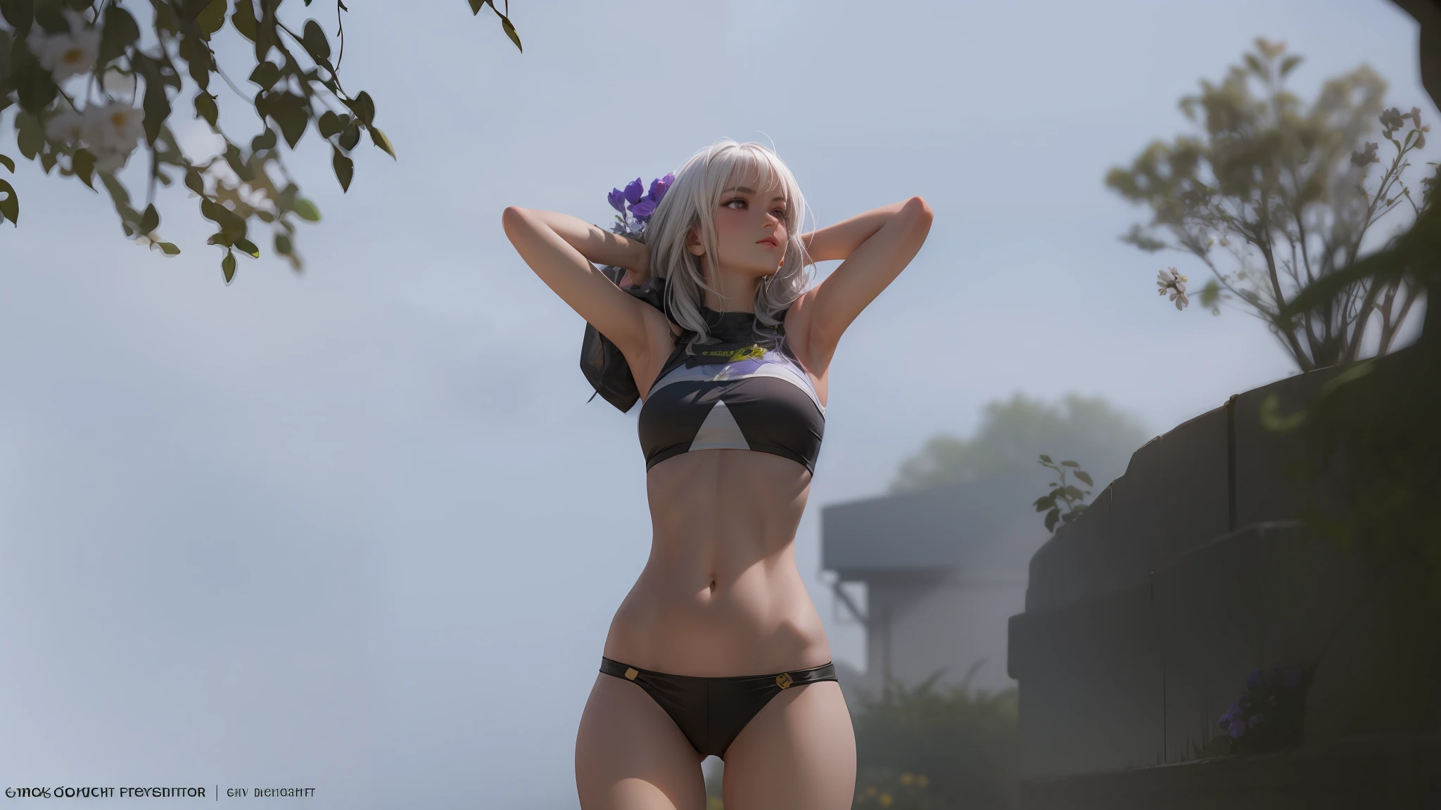 realistic, 1girl, white hair, purple eyes, glowing eyes, crop top, skirt, parted lips, blush, night, flowers, sun, sunlight,