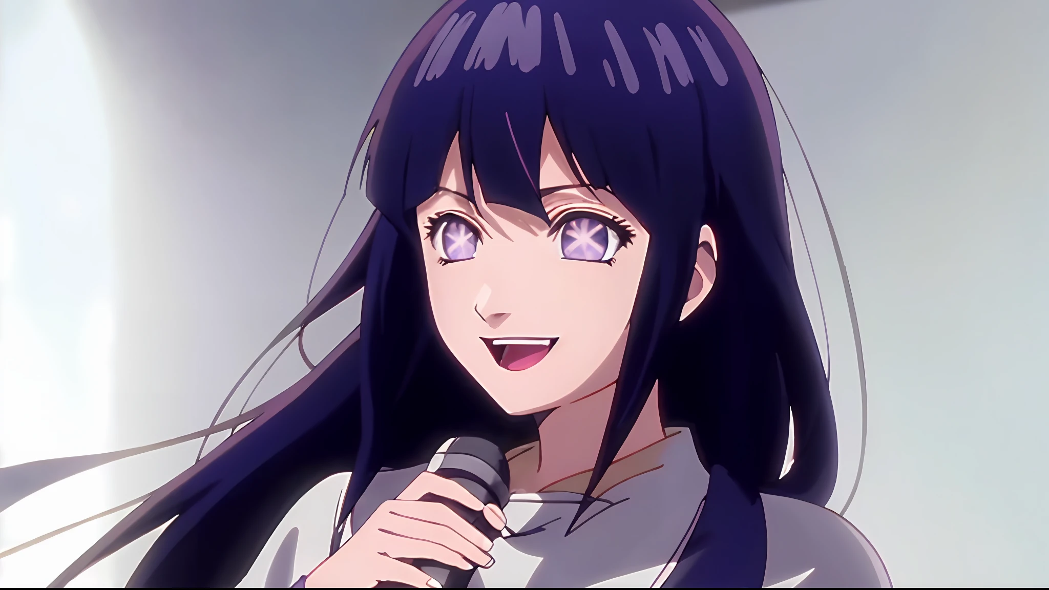 anime girl with long dark blue hair and purple eyes holding a microphone, anime best girl, anime moe artstyle, anime visual of a cute girl, 2 0 1 9 anime screenshot, still from tv anime, ai hoshino, anime screenshot, anime movie screenshot, anime still image, (blunt bangs:1.3),light smile, hinata hyuga as ai hoshino