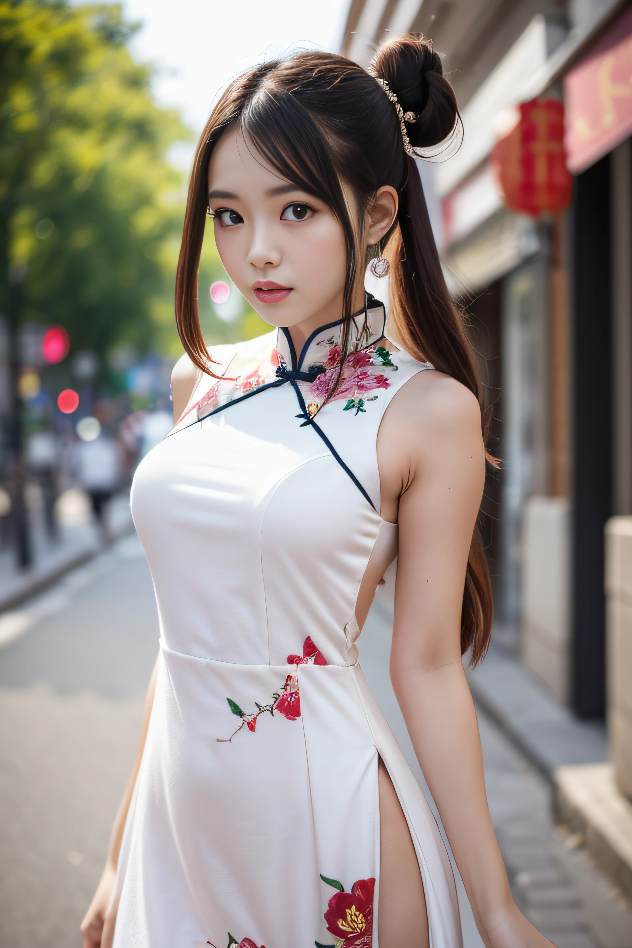 high resolution,
1 beautiful young woman,
(soft saturation:1.3), (fair skin:1.2),
wearing a white clothes,
85mm lens,f/8.0,
background,
gyaru,
brown hair,
medium breasts,

BREAK

(china street:1.3),
1girl, 18 years old, (china dress:1.5), side-tie peek, (china dress:1.5),
double bun and long twin tails, black hair