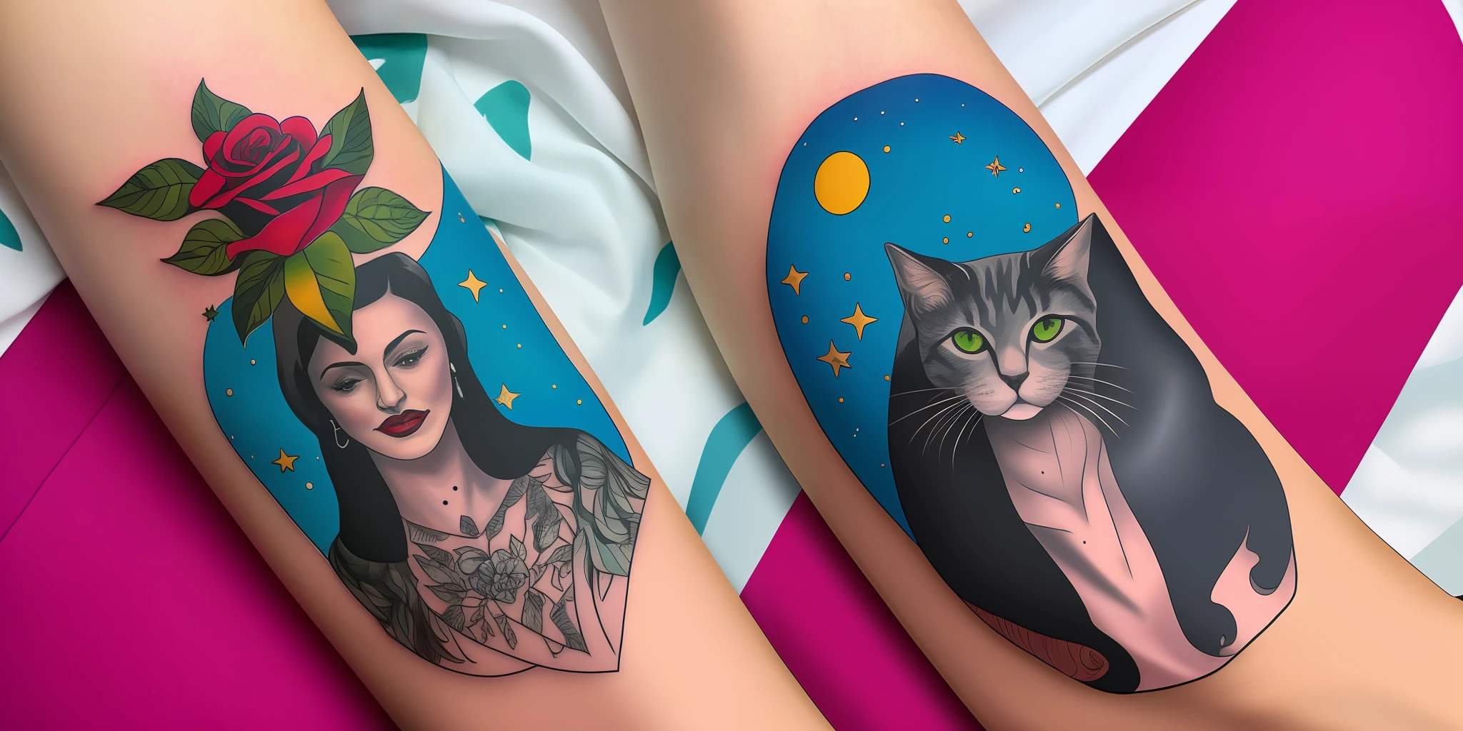 Beautiful blonde woman with mouth piercing on the spot Madonna with alien features with green eyes, pointy ears, nose piercing, tattoo of a cat on the overhead esquero arm, and a rose on the left forearm, on an earth-like planet with extraterrestrial inhabitants