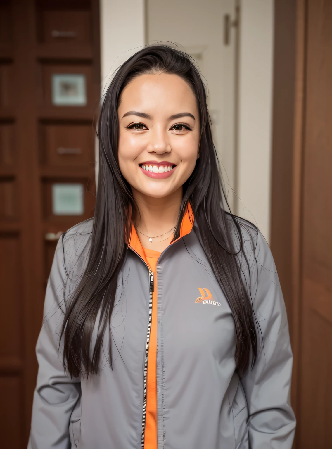 a woman in a gray jacket and orange top smiling,