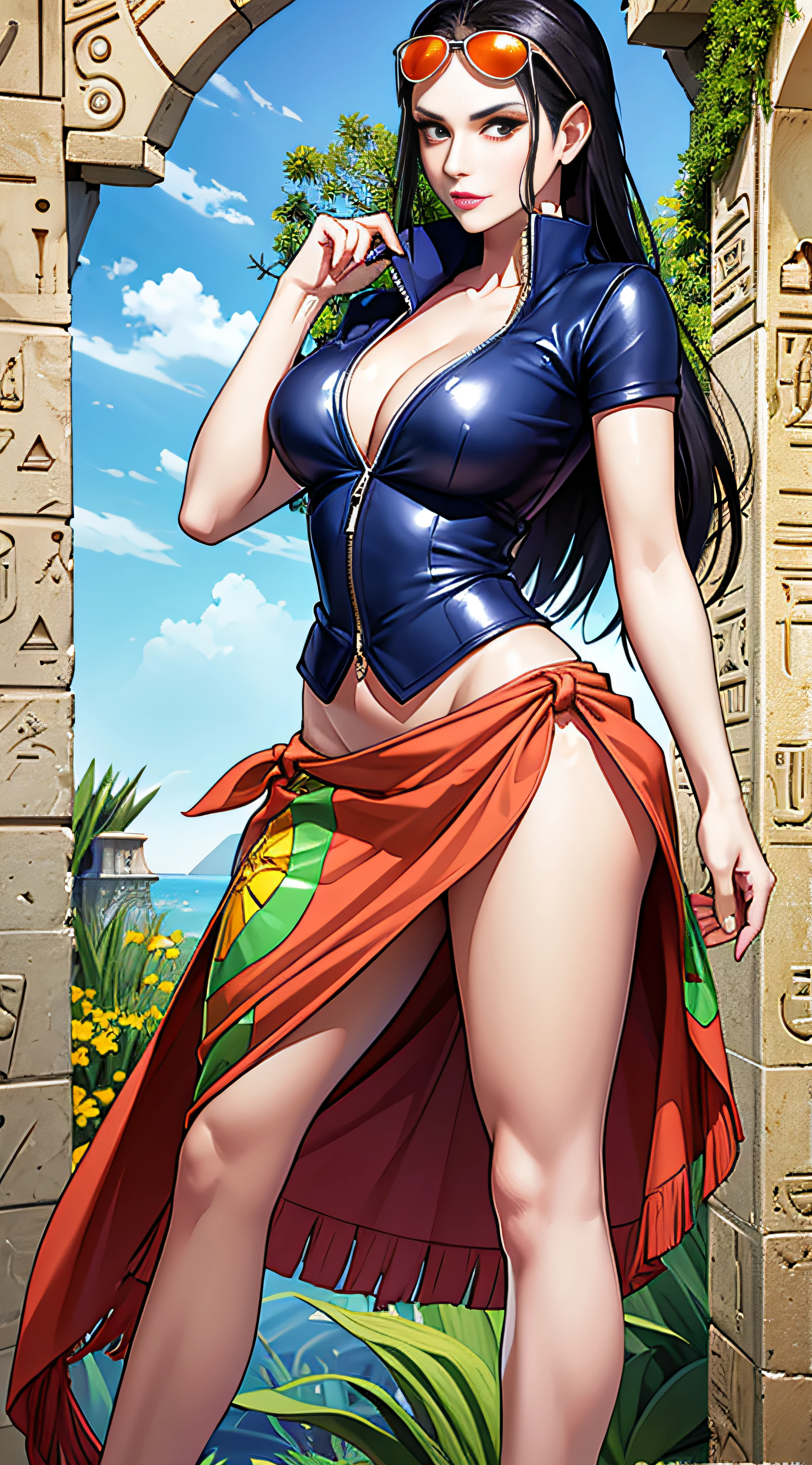 masterpiece, best quality,8k,highestres, absurdres, extremely detailed, nico robin, 1 russian girl, solo, looking at viewer, long silky hair, her outfit is a long red salmon sarong skirt that has a design of a green seaweed with red and yellow flowers on the side with ruffles that bares her hips with a partially-zipped short-sleeved navy blue leather vest with a V-neck line, She wears white sunglasses with orange lenses which she hangs on her forehead, full body shot, (Egypt background),///,