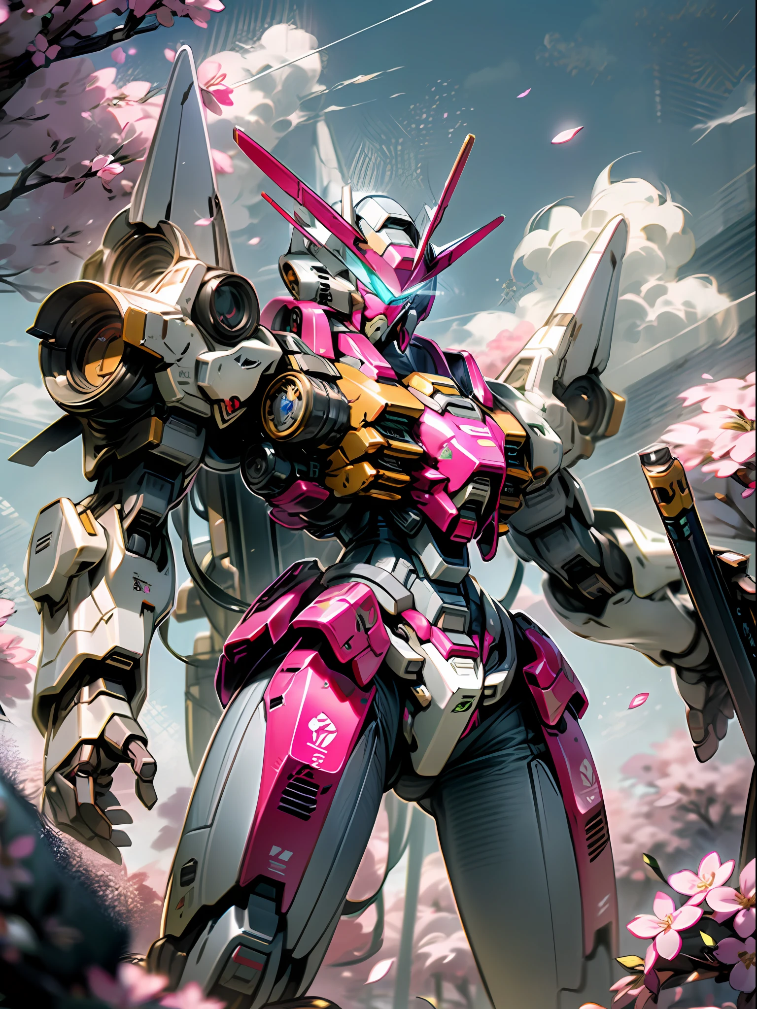 (best quality)), ((masterpiece)), (very detailed: 1.3), 8K, cool painting, full of sci-fi atmosphere, heavy machine gun pink giant Gundam in both hands, streamlined pink armor, complex weapons and equipment behind it, Gundam humanoid mech, anime mech aesthetics, perfect body proportions, forward dash pose, white clouds in the sky, cherry blossom pink background, looking up, ray tracing, light particles, nvidia TRTX, super resolution, Unreal 5, anime quadratic style, subsurface scattering, Specular and albedo maps, rule of thirds, large aperture, battle stance.