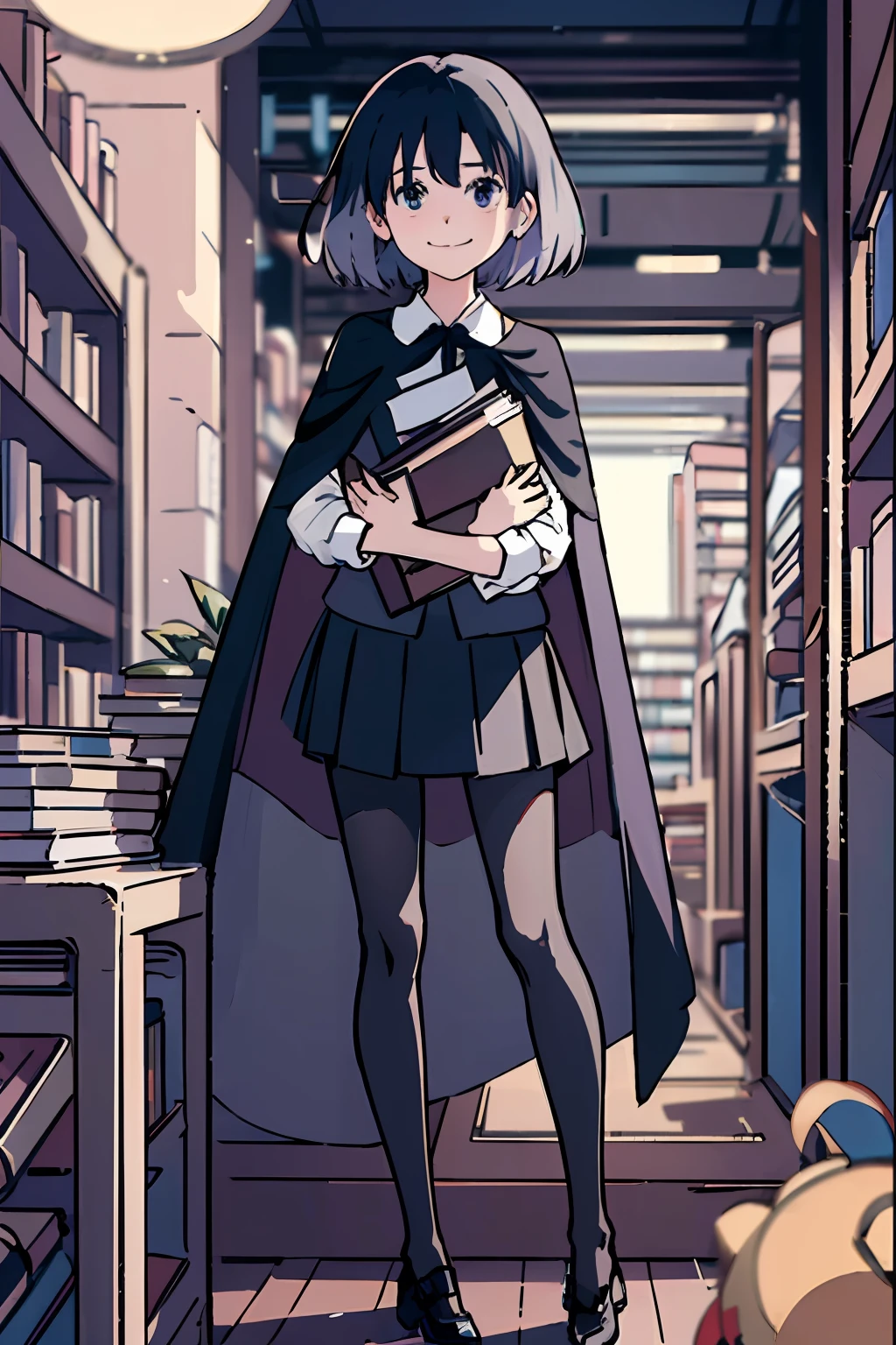 (masterpiece:1.4), (best qualit:1.4), (high resolution:1.4), kaisa, sleeveless sweater, long sleeved shirt, cape, skirt, pantyhose, black shoes, looking at viewer, nameplate, smile, library, holding book,