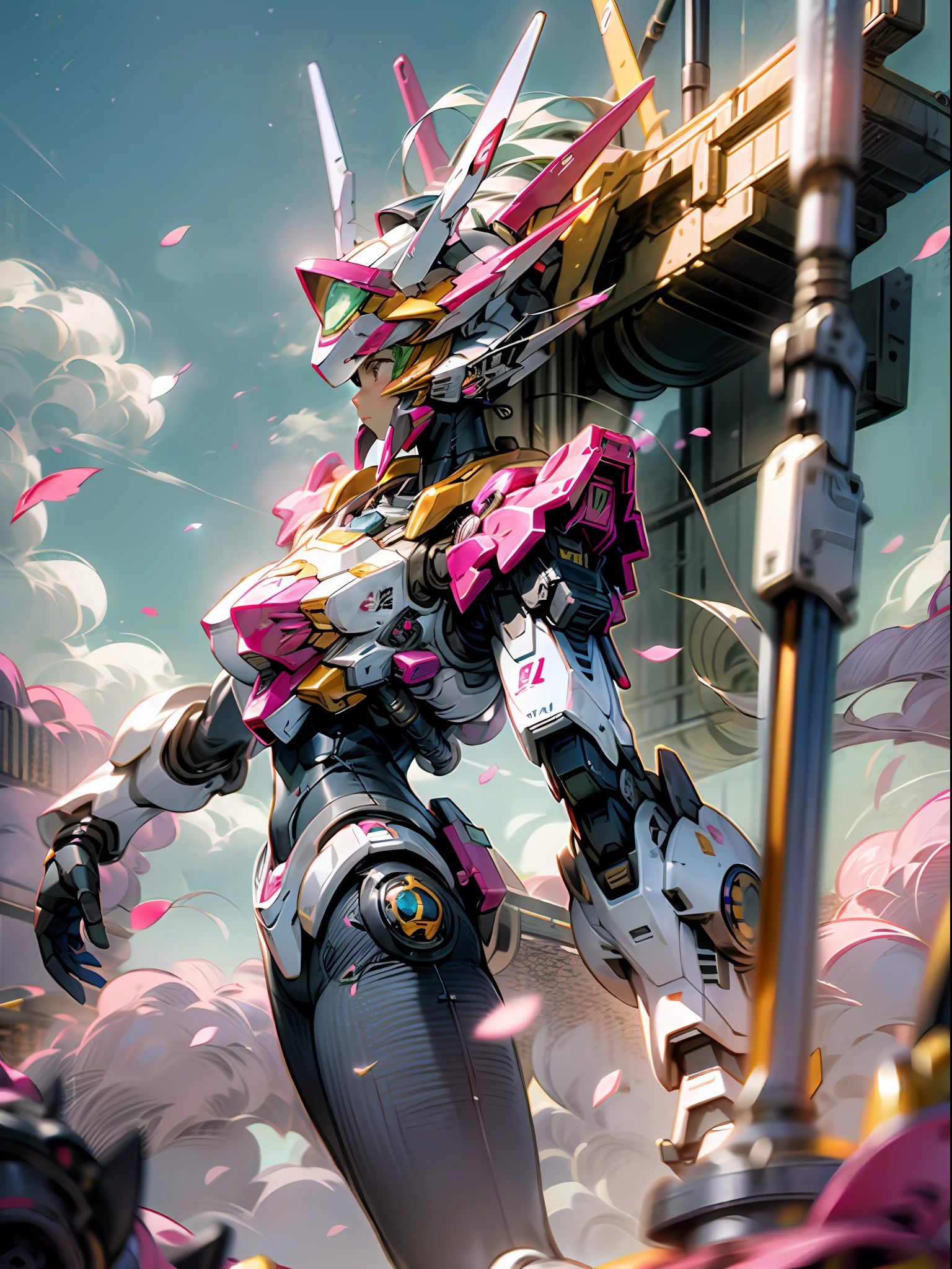 (best quality)), ((masterpiece)), (very detailed: 1.3), 8K, cool painting, full of sci-fi atmosphere, heavy machine gun pink giant Gundam in both hands, streamlined pink armor, complex weapons and equipment behind it, Gundam humanoid mech, anime mech aesthetics, perfect body proportions, forward dash pose, white clouds in the sky, cherry blossom pink background, looking up, ray tracing, light particles, nvidia TRTX, super resolution, Unreal 5, anime quadratic style, subsurface scattering, Specular and albedo maps, rule of thirds, large aperture, battle stance.