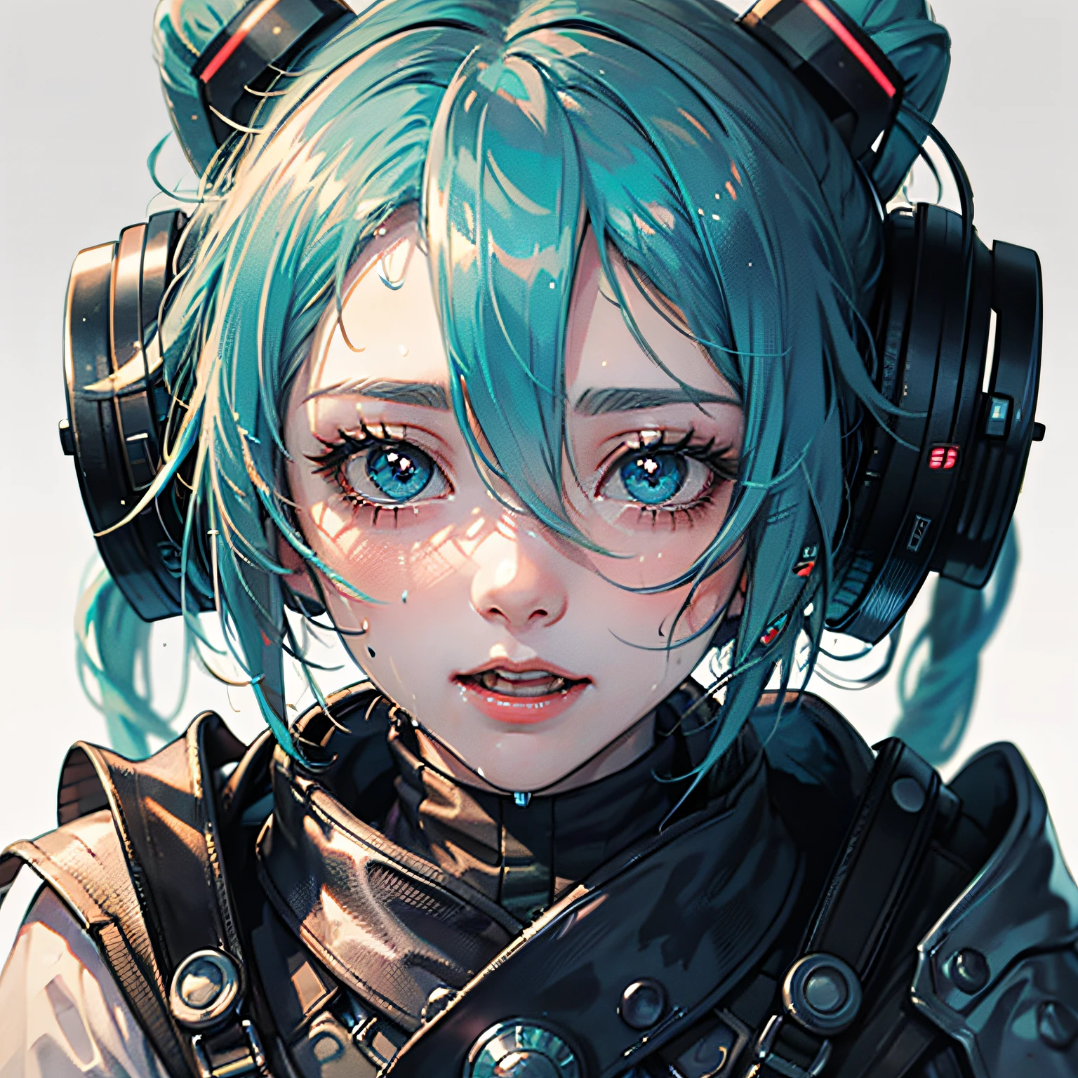 (Hatsune Miku) Upper eyes user Looking up from below Mouth ajar Bewitching eyes Wet hair Hair sticking to face Hair sticking to head ((high vision, super dencity)) ((ultimate, best, masterpiece))) Sweat dripping sweat Shadow Little devil --auto