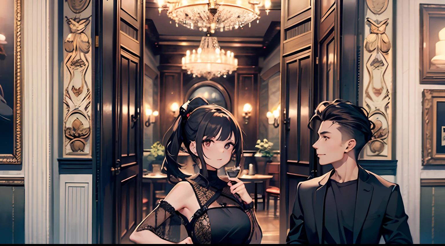 Masterpiece, best quality, two people, one man in black casual clothes, one woman, ponytail, cheerful, luxury restaurant doorway, signboard, best quality, ultra hd, ccurate, high detail, high resolution