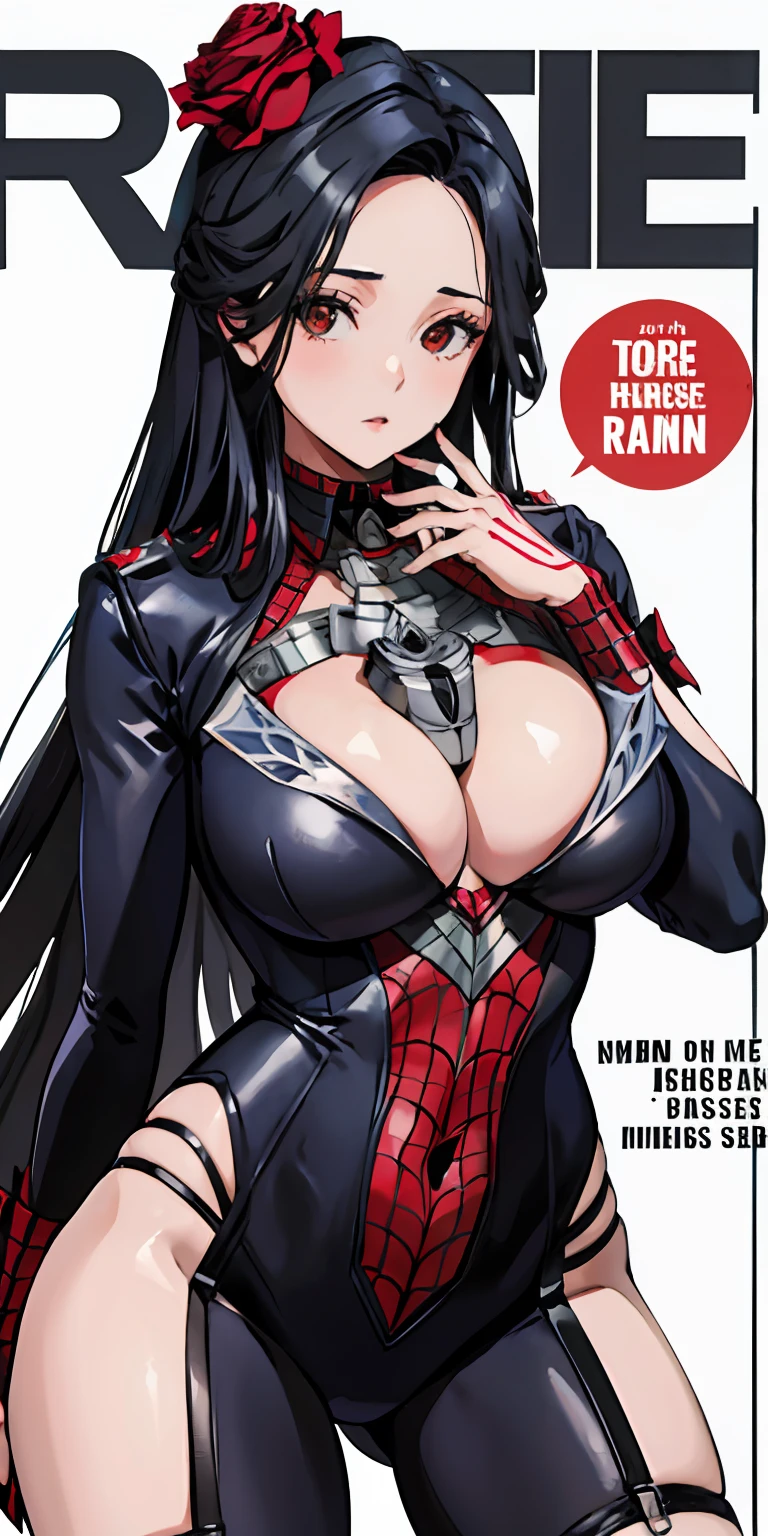 (top quality, masterpiece), women's gravure magazine cover, 1 girl, 28 years old, stunning, sexy, spider-man suit, big, big breasts, sheer areola, red roses on the head