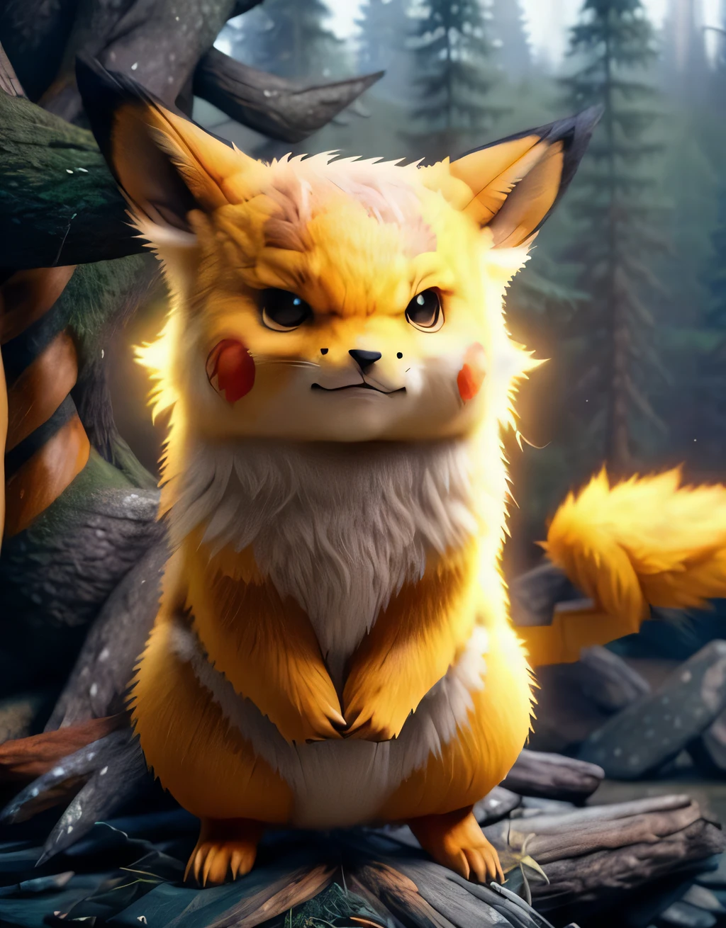 photo of the most beautiful artwork in the world featuring (fur:1.2), pokemon, with lightning coming from cheeks, full body 8k unity render, action shot, skin pores, very dark
lighting, heavy shadows, detailed, detailed face, (vibrant,
photo realistic, realistic, dramatic, dark, sharp focus, 8k),
(intricate:1.4), decadent, (highly detailed:1.4), digital
painting, octane render, ((forest background:1.2))