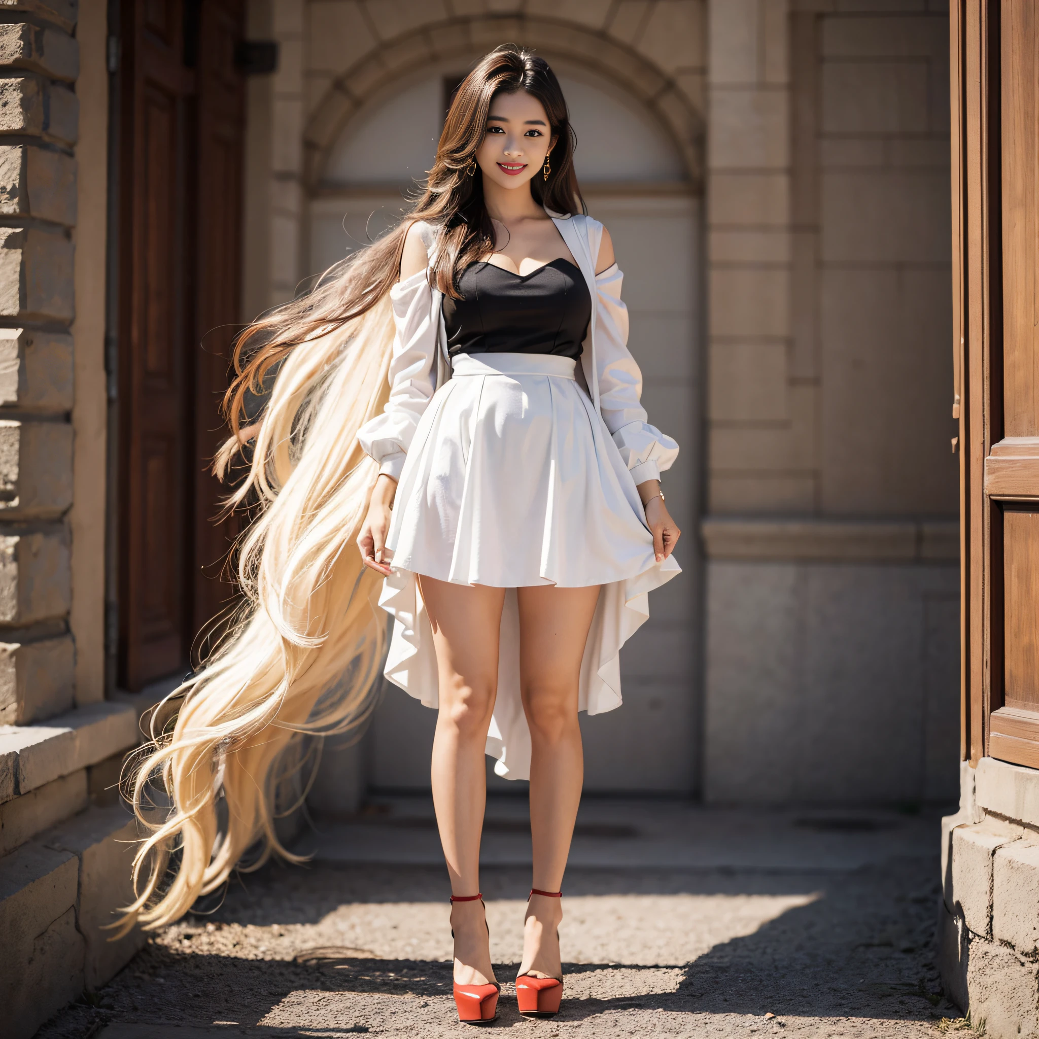 (masterpiece), (highest quality), (realistic), perfect face, perfect eyes, perfect nose, perfect mouth, perfect proportions, fashion model, natural lighting, 20 years old, beautiful woman, long hair, standing, front full body, smile, red lips, red high heels, face length and neat face,