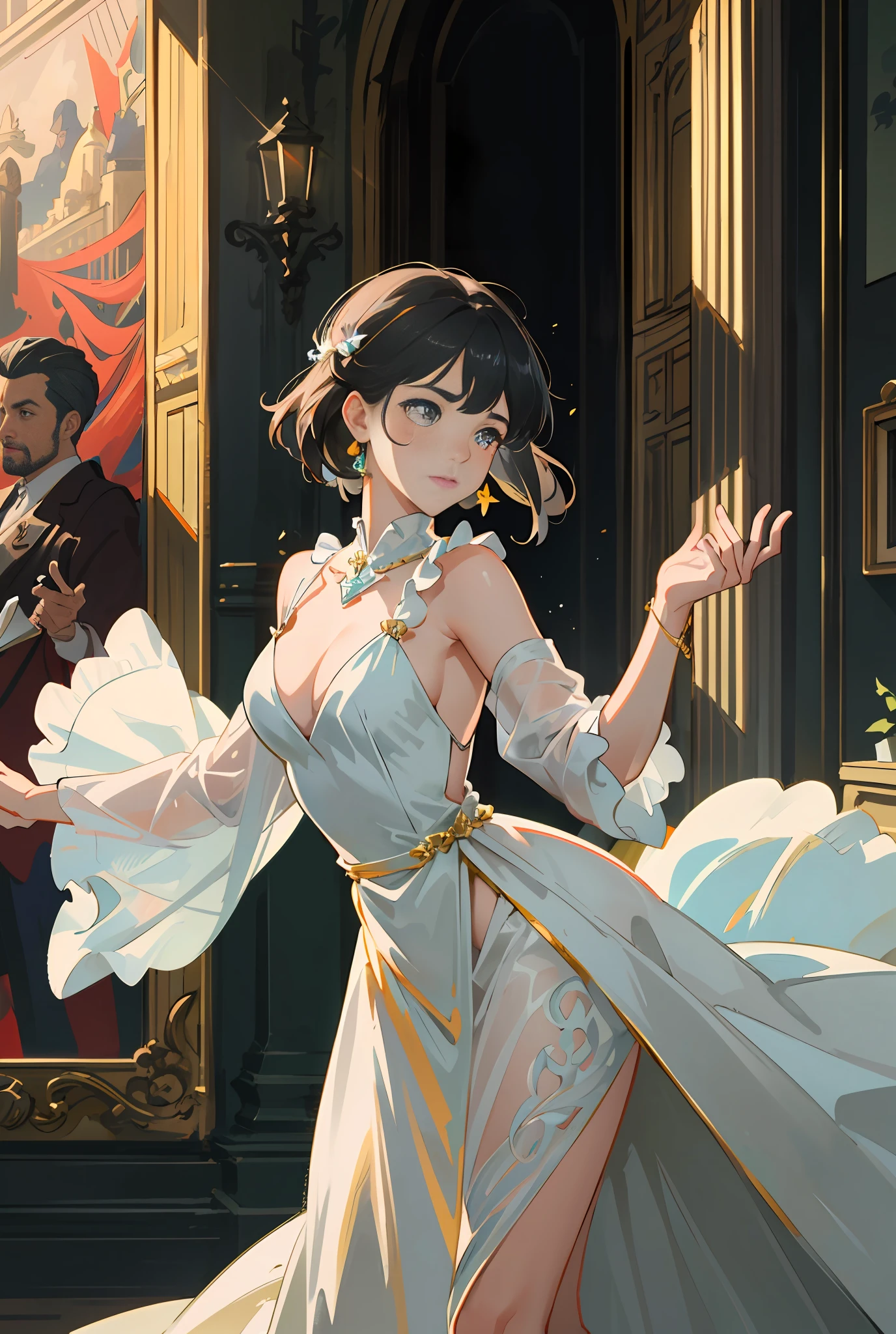 Model shooting style, (extremely detailed CG Unity 8k wallpaper), full-shot body photo of the most beautiful artwork in the world, stunning beautiful photo realistic available, super realistic super detailed photo, a beautiful girl as a female dancer entering the Loggia dei Lanzi of Florence,complex dress, banquet, crowd, [slight smile], (Sculpture of Hercules background), (princess eyes, shining pupils), detailed symmetrical beautiful hazel eyes, detailed gorgeous face, highly detailed, Vibrant, professional majestic oil painting by Ed Blinkey, Atey Ghailan, Studio Ghibli, Jeremy Mann, Greg Manchess, Antonio Moro, ArtStation Trends, CGSociety Trends, Complex, High Detail, Sharp Focus, Dramatic, Realistic Painting Art, by Midjourney and Greg Written by Rutkowski