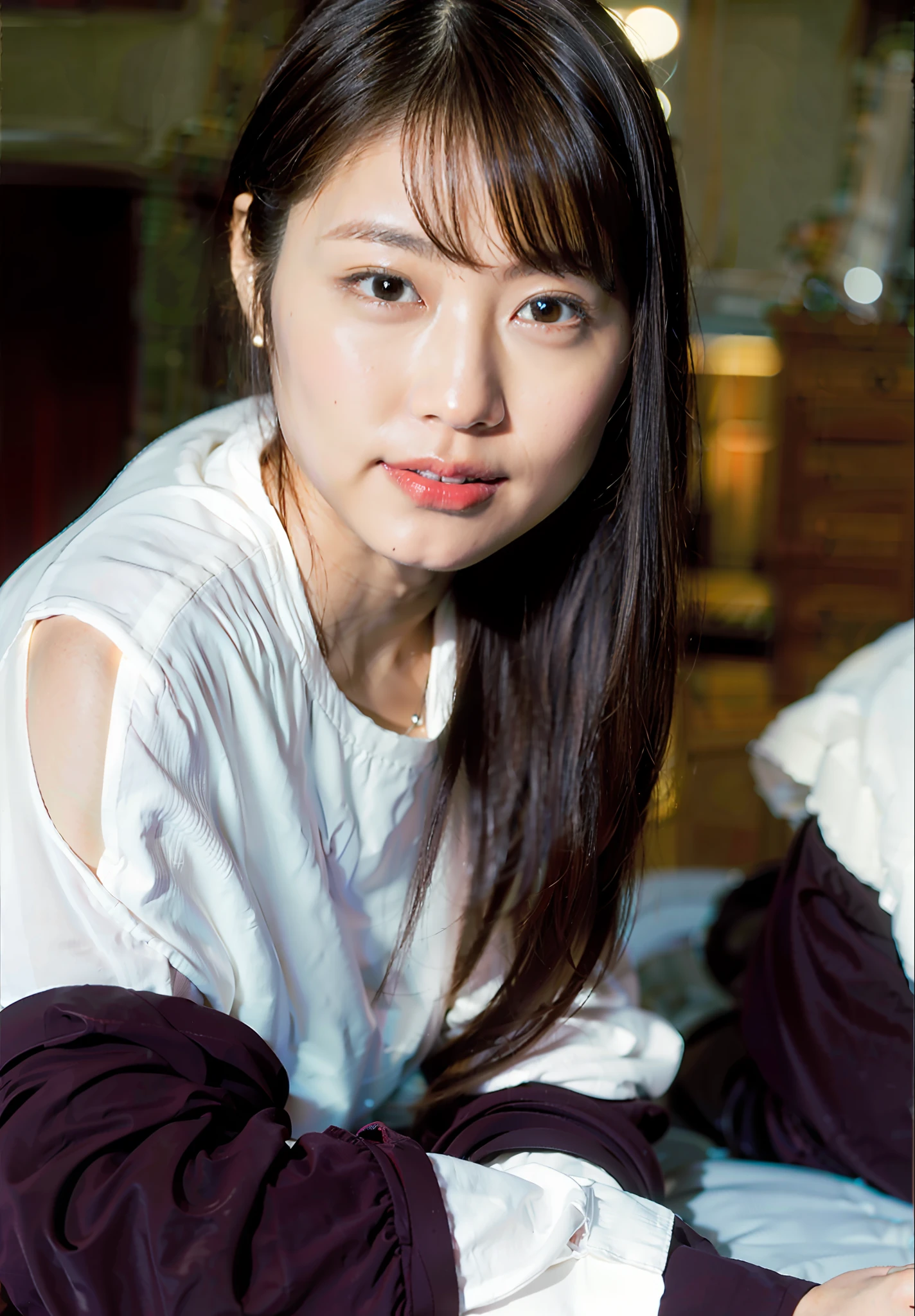 (8k, RAW photo, best quality, masterpiece:1.2), (photorealistic:1.6), (masterpiece),(best quality:1.0), (ultra highres:1.0), detailed, 40yo girl , solo , detailed beautiful skin, Detailed room, realistic skin, medium breasts, best quality, super high resolution, cute, long hair, smile, white shirt, sitting on bed,