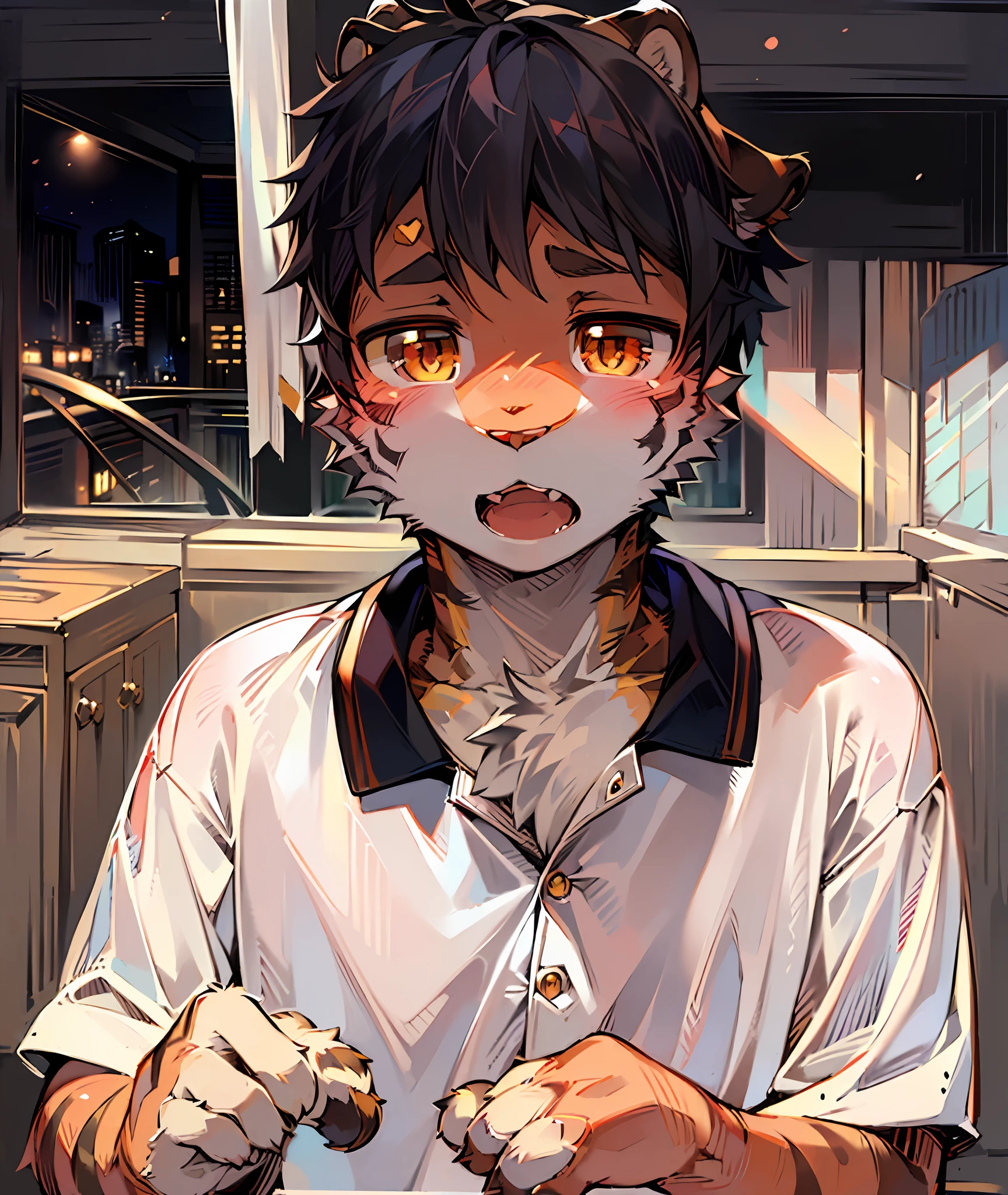 (Dark Environment: 0.8), Masterpiece, High Quality, Abstract Res, Digital Painting\(artwork\), by Dagasi, Yupa, Kiyosan, (Anthro, Fluffy Fur, Character Focus: 1.1), Anthro Male Cat, Short Hair, Portrait , bright eyes, panorama, character focus. (detailed background: 0.7), solo, furry, furry male, male focus, anthr, (full body fur, fluffy tail, tiger fur, brown tiger eyes, gray hair: 1.2), (cute, feline, tiger man, tiger, chubby), (bedroom, tiger stripe, tiger skin, tiger tooth) all over the body with tiger stripe