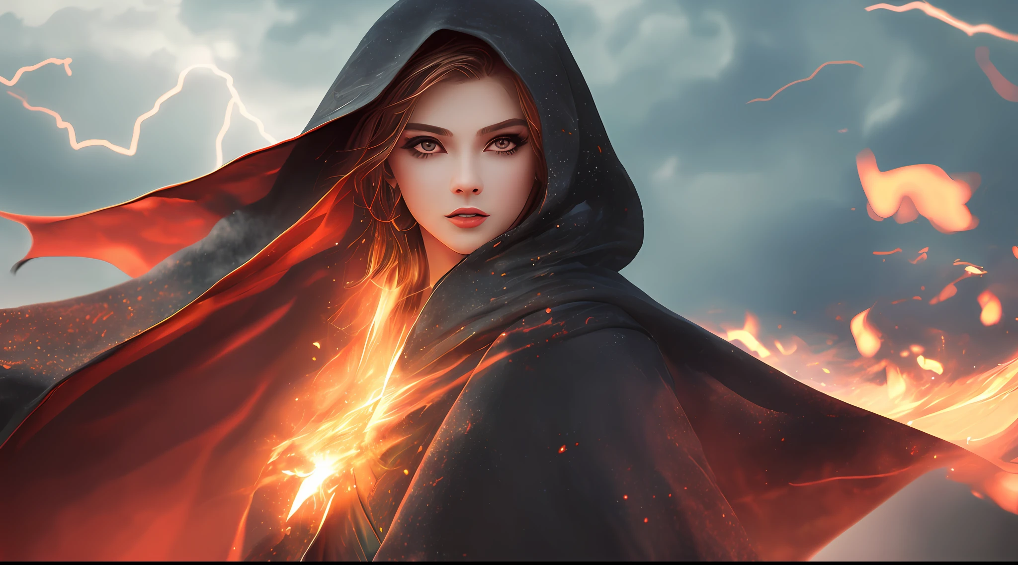 (masterpiece:1.2), (finely detailed beautiful eyes: 1.2), (extremely detailed 8k wallpaper, best quality, ultra-detailed, best shadow), (detailed background), (beautiful detailed face, beautiful detailed eyes), High contrast,(best quality:1.4), (high details:1.4), (high resolution:1.4), (detailed:1), finely detailed skin, sharp focus,concept art, intricate details, photorealistic, octane render, unreal engine, dynamic pose, best quality, highres,((lightning)), (light rays), ((1girl)), wearing cloak, (((flowing cloak))), ((detailed eyes, high quality eyes, high quality face)), (extremely intricate robes, magical robes), forest background, short hair, casting lightning, electricity, swirling fire, radiating power, sparks, smoke, magic, ((dramatic)), epic, battlefield, depth of field, bokeh, 4k, gothic, ember, particles, dynamic angle,beautiful detailed glow,full body,deep shadow, low key, cold light