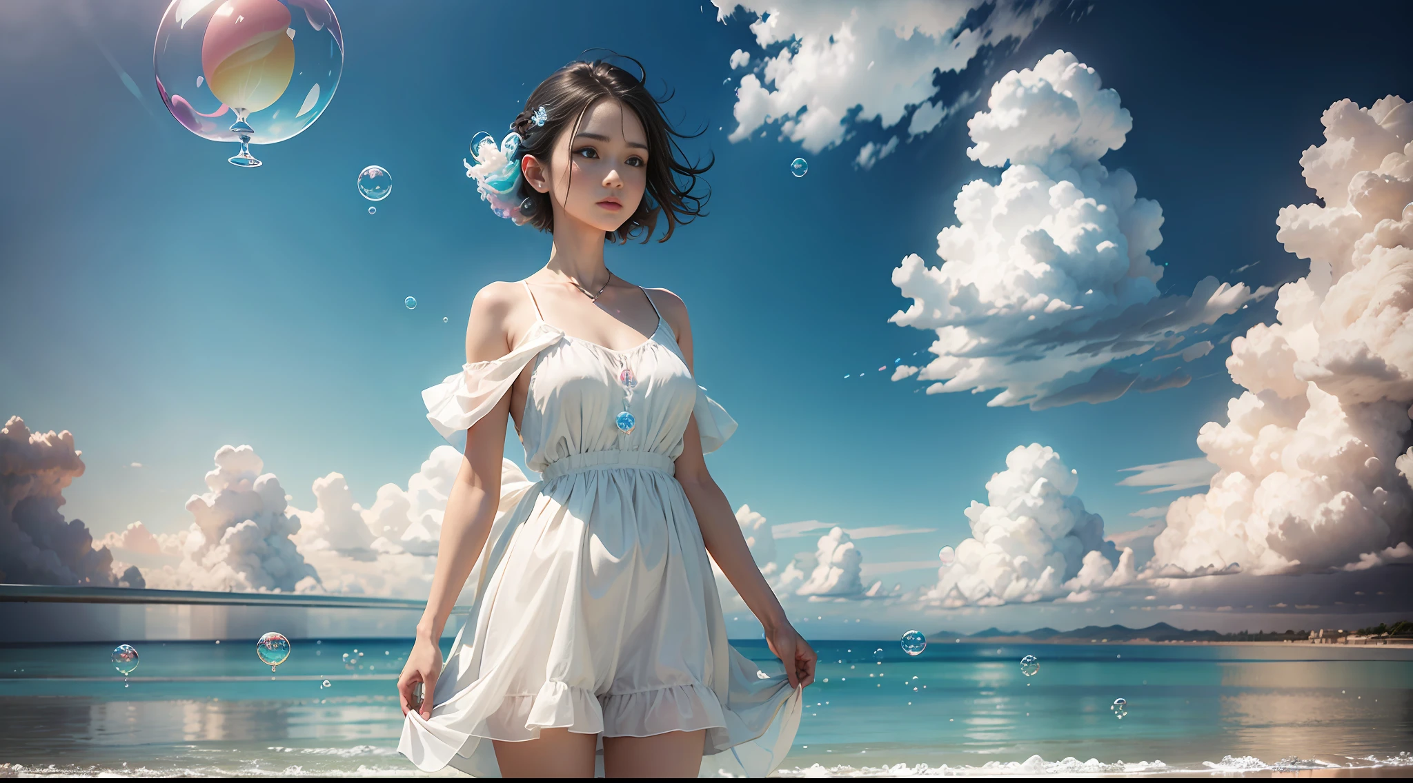 hd masterpiece, one standing woman, white, clear hands, ((clouds and big colorful soap bubbles)), sea background