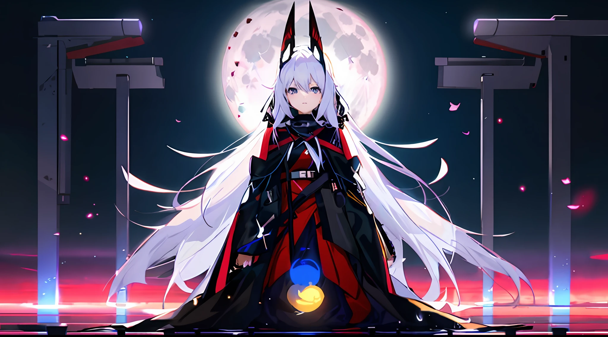 anime girl with long white hair and black cape standing in front of a full moon, from arknights, anime art wallpaper 8 k, trending on artstation pixiv, badass anime 8 k, anime art wallpaper 4k, anime art wallpaper 4 k, 4k anime wallpaper, best anime 4k konachan wallpaper, anime style 4 k, arknights