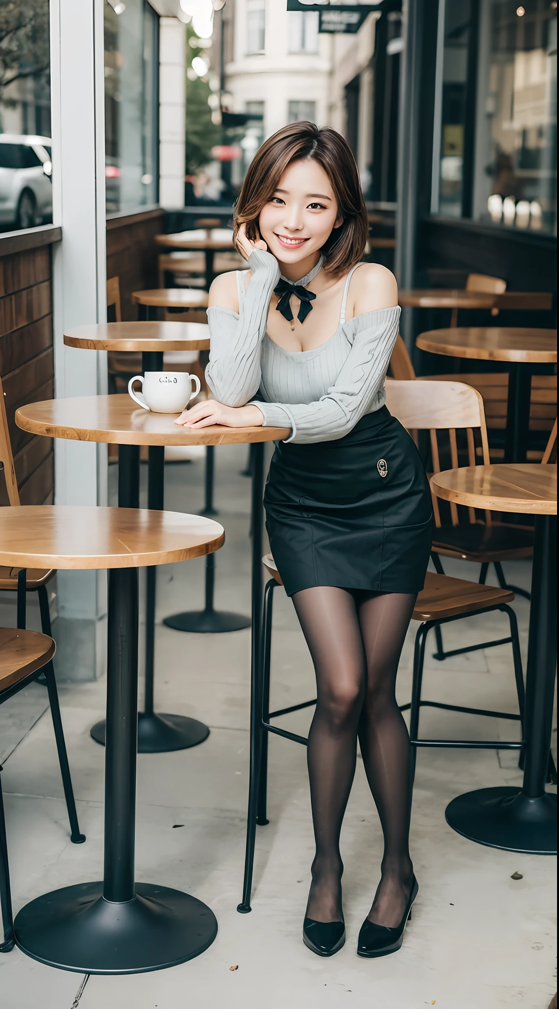 8k uhd, dslr,film grain, Fujifilm XT3,(best quality:1.3), (masterpiece:1.1), high resolution, cinematic light, intricate details, (photorealistic),outside,beautiful outside,sunny,
korean girl,(in cafe:1.5) , dimples, bobcut, looking at viewer, detailed trees, ribbons, bowties, bare shoulders, ribbed sweater, 
pencil skirt, high-waist skirt, head rest, sitting, indoors,
 necklace,black pantyhose, sheet transportation sweater, (smile),(full body:1.6),slender,