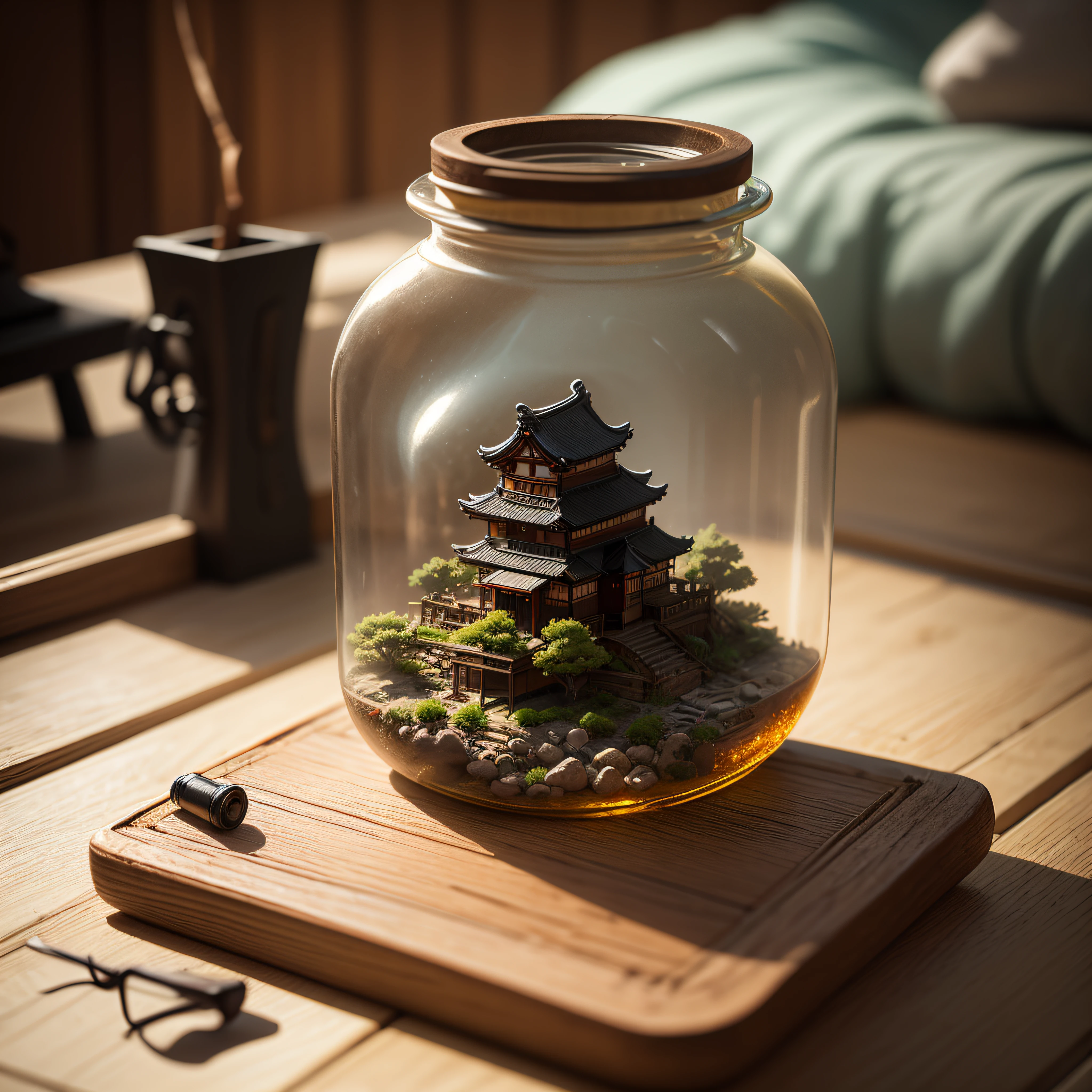 a Feudal Japanese city tucked inside a square glass jar with lid, placing on the windowsill, extremely detailed, 8K, apocalyptic punk style, miniatures, macro photography in close-up