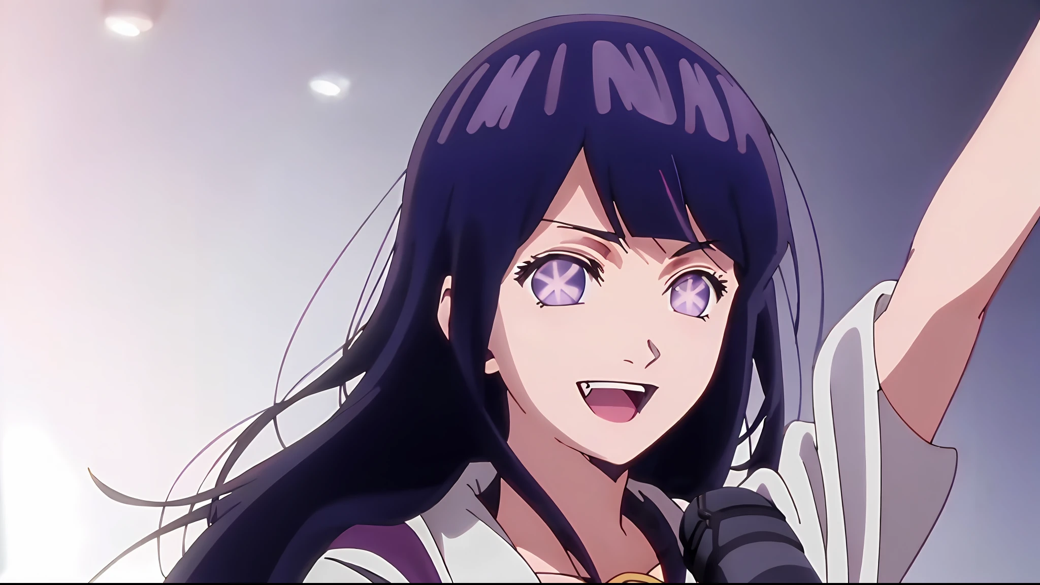 anime girl with long dark blue hair and purple eyes holding a microphone, anime best girl, anime moe artstyle, anime visual of a cute girl, 2 0 1 9 anime screenshot, still from tv anime, ai hoshino, anime screenshot, anime movie screenshot, anime still image, (blunt bangs:1.3),light smile, hinata hyuga as ai hoshino