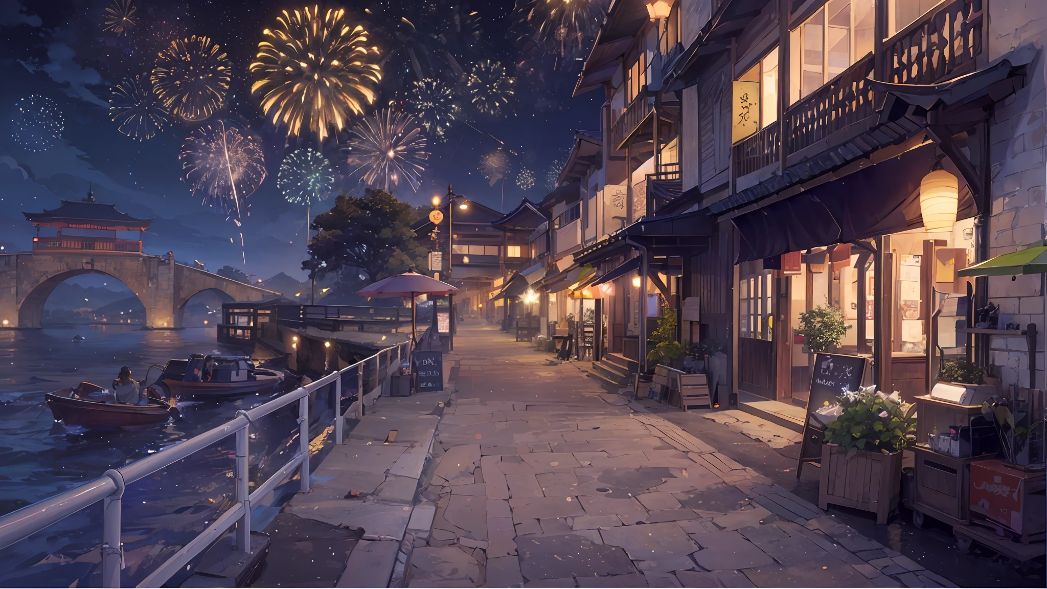 Fireworks lit on rivers and bridges, anime landscape concept art, Makoto Shinkai. —H 2160, (Makoto Shinkai), an animated film Rio de Janeiro, a hot spring resort in Japan. Mass fireworks display --auto --s2