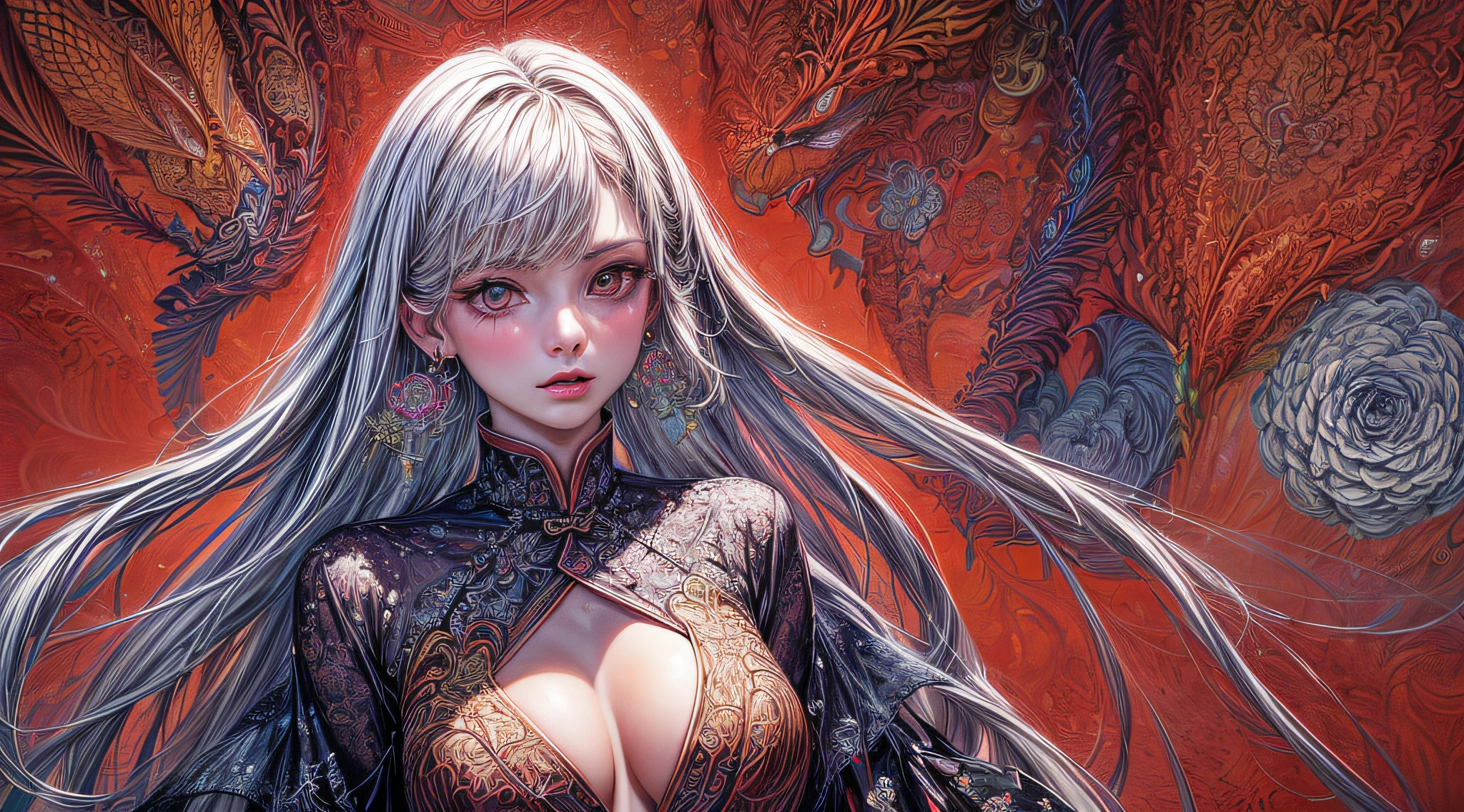 (masterpiece, top quality, best quality, official art, beautiful and aesthetic:1.2), (1girl:1.3), extremely detailed,(fractal art:1.1),(colorful:1.1)(flowers:1.3),highest detailed,(zentangle:1.2), (dynamic pose), (abstract background:1.3), (chinese Traditional cloth:1.2), (shiny skin), (many colors:1.4), ,(earrings:1.4), (half body:1.5)