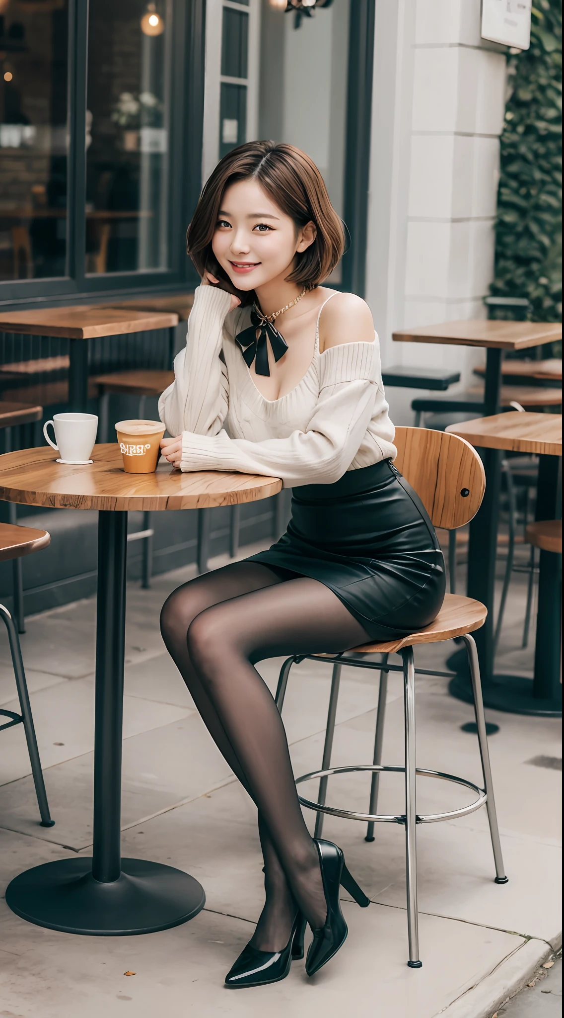 8k uhd, dslr,film grain, Fujifilm XT3,(best quality:1.3), (masterpiece:1.1), high resolution, cinematic light, intricate details, (photorealistic),outside,beautiful outside,sunny,
korean girl,(in cafe:1.5) , dimples, bobcut, looking at viewer, detailed trees, ribbons, bowties, bare shoulders, ribbed sweater, 
pencil skirt, high-waist skirt, head rest, sitting, indoors,
 necklace,black pantyhose, sheet transportation sweater, (smile),(full body:1.6),slender,