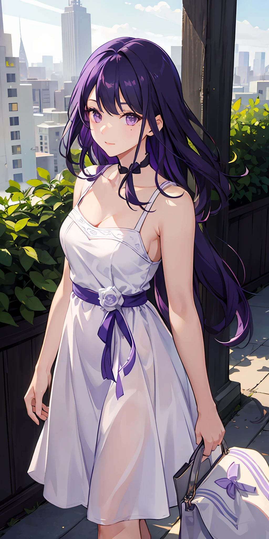 (Masterpiece, Best Quality), Female, Raiden Ei, Purple Hair, Purple Eyes, Kind, Considerate, Shy, Funny, Love myself, Faithful, 1 Mole under the right eye, Wearing a purplish white dress