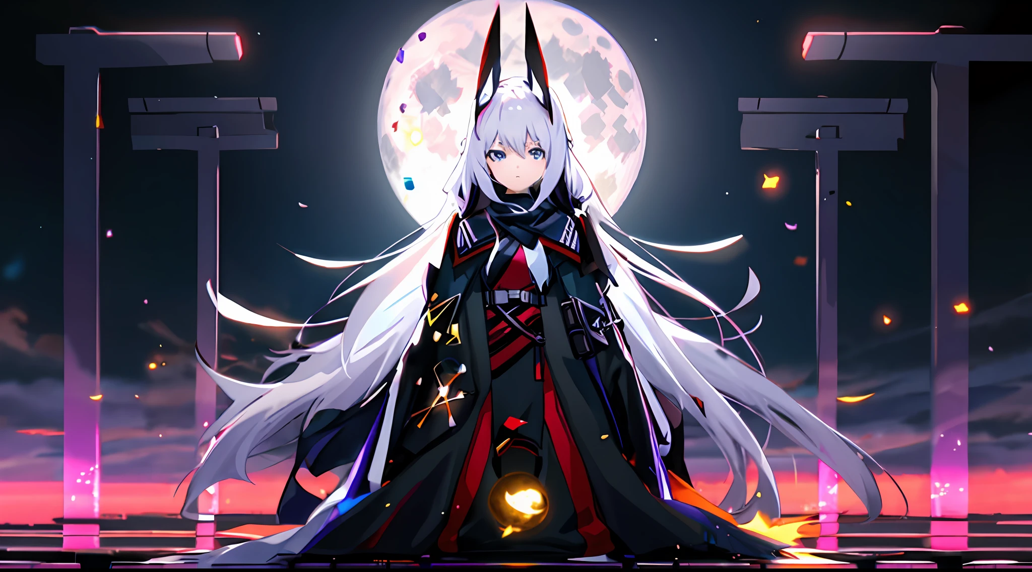 anime girl with long white hair and black cape standing in front of a full moon, from arknights, anime art wallpaper 8 k, trending on artstation pixiv, badass anime 8 k, anime art wallpaper 4k, anime art wallpaper 4 k, 4k anime wallpaper, best anime 4k konachan wallpaper, anime style 4 k, arknights