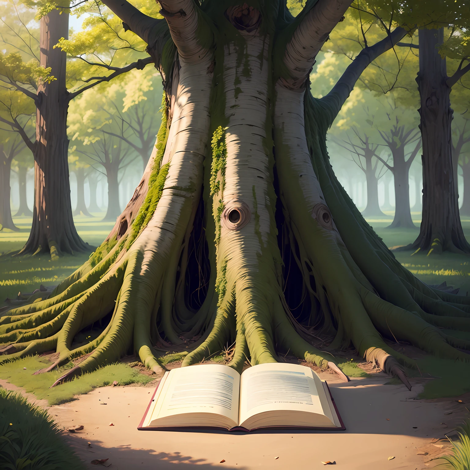 Create an image of a large tree with an open book underneath it symbolizing wisdom