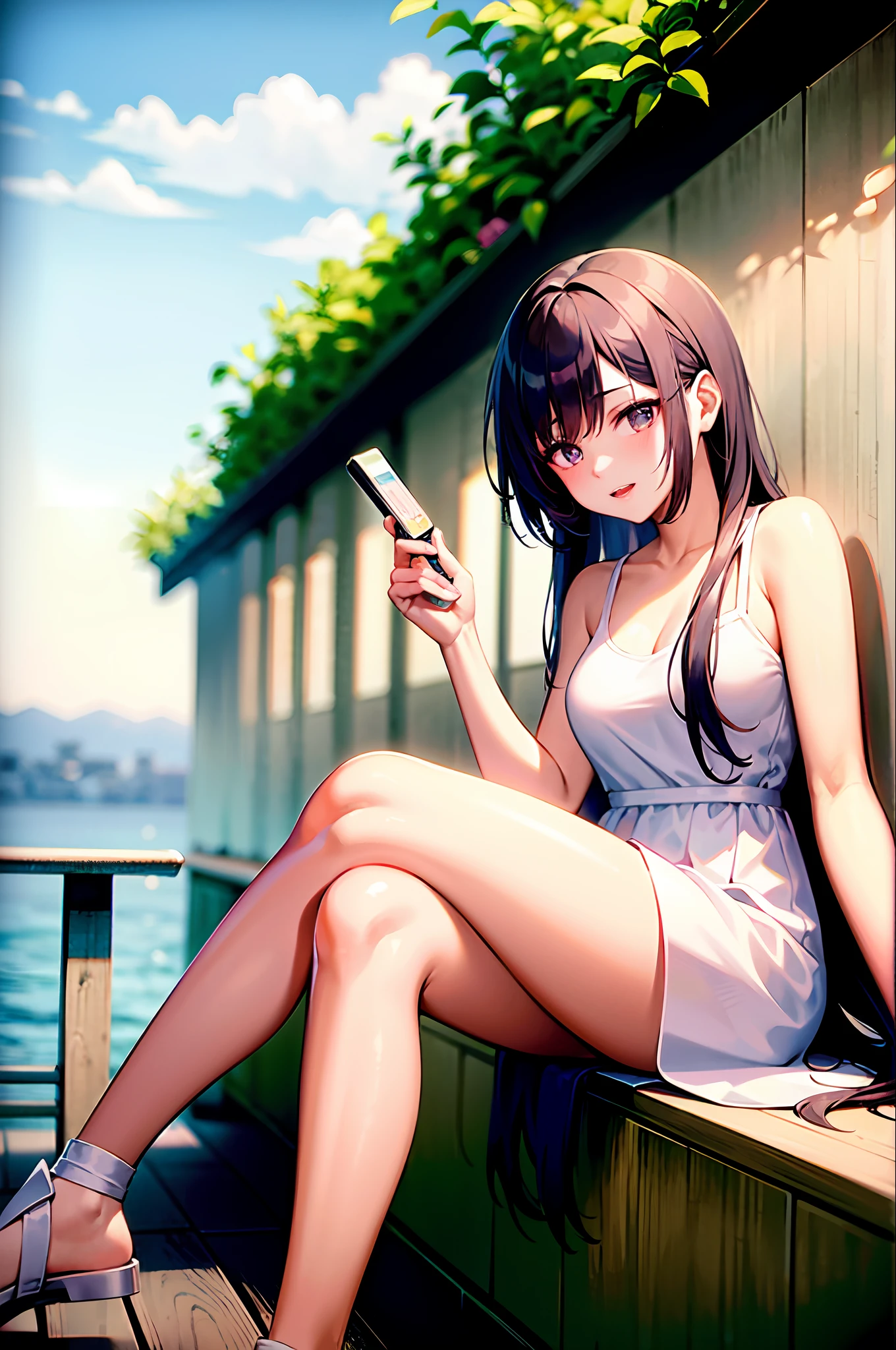 best quality, ultra high res, female, beautiful, caring, cute, funny, Loving myself wholeheartedly, Loyal, Long Purple Hair, White Dress, Sitting back waiting for me, Very good