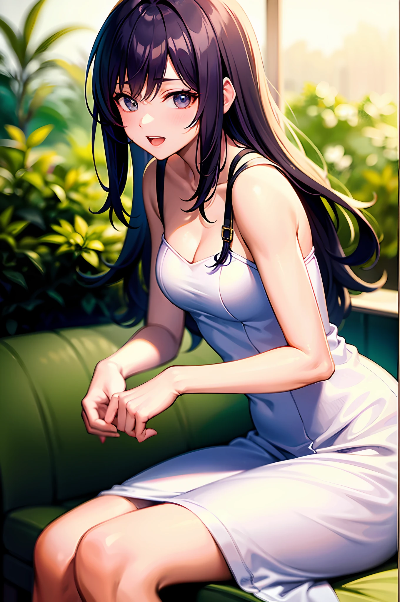 best quality, ultra high res, female, beautiful, caring, cute, funny, Loving myself wholeheartedly, Loyal, Long Purple Hair, White Dress, Sitting back waiting for me, Very good