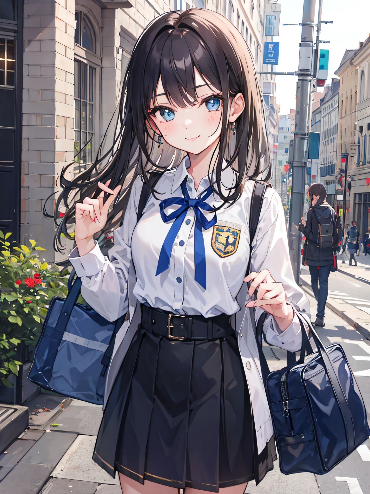 1girl, university gate, street, brunet, uniform, smile, hello