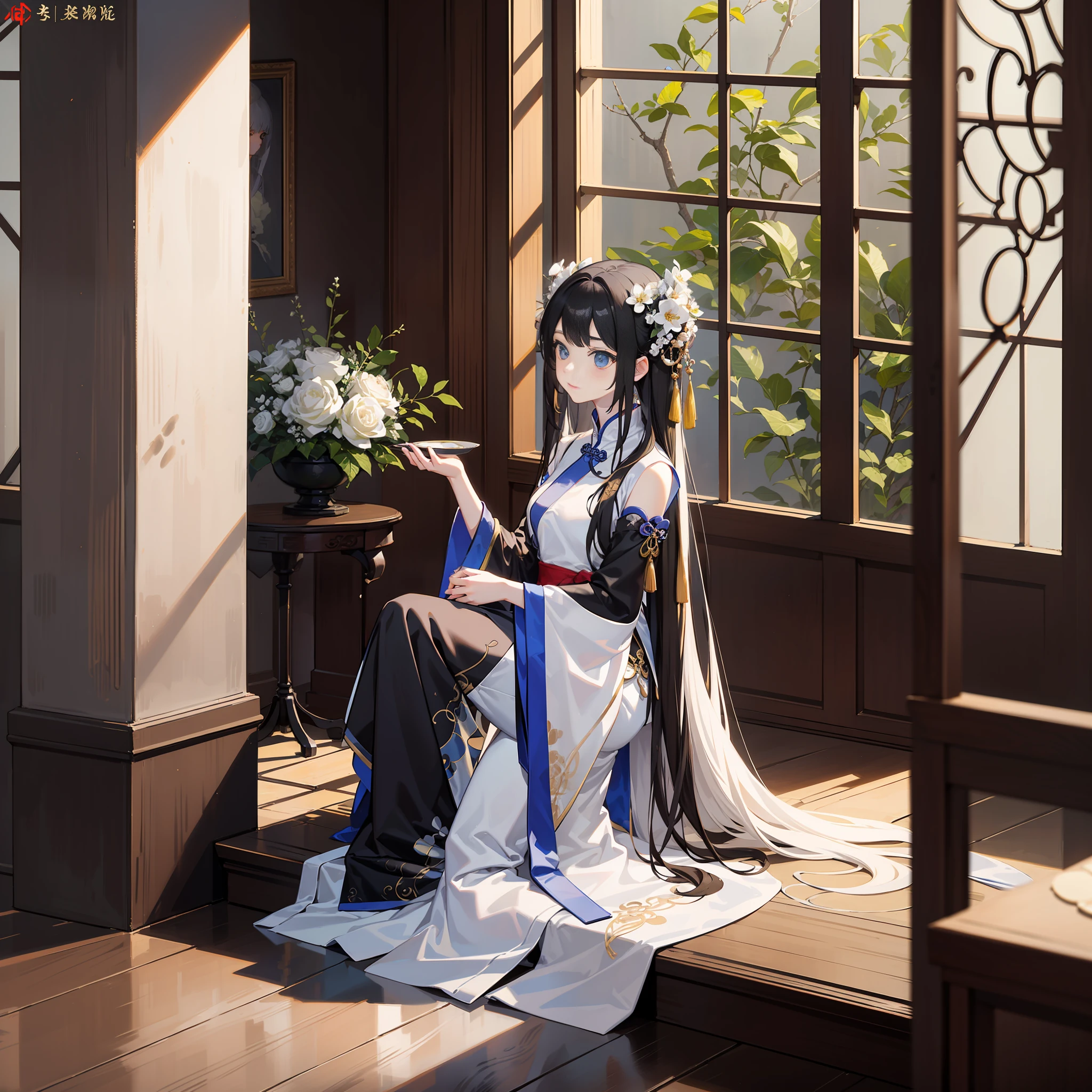 Two-dimensional, ancient style, girl, a person, in the black Chinese style Yin Cao Di Mansion, silver-white long hair, black Hanfu, the scene with some flowers on the other side, full body portrait, exquisite face, best quality, masterpiece, 8K wallpaper, light and shadow rendering