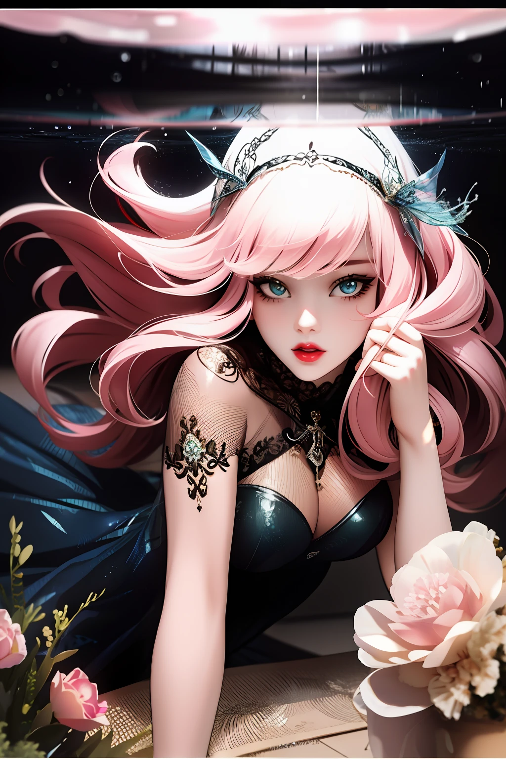 [(Transparent background:1.5)::5],(((masterpiece))),(((best quality))),(((extremely detailed))),illustration, 1girl, mysterious, vivid colors, colorful,underwater,  transparent sealed hemispherical glass dome, pink hair, beautiful face, beautiful eyes, full body, long hair, black pantyhose, red lips, tranquil nature, fish, underwater creatures, Dynamic actions,Lens perspective,(((Box composition))), sitting cross-legged