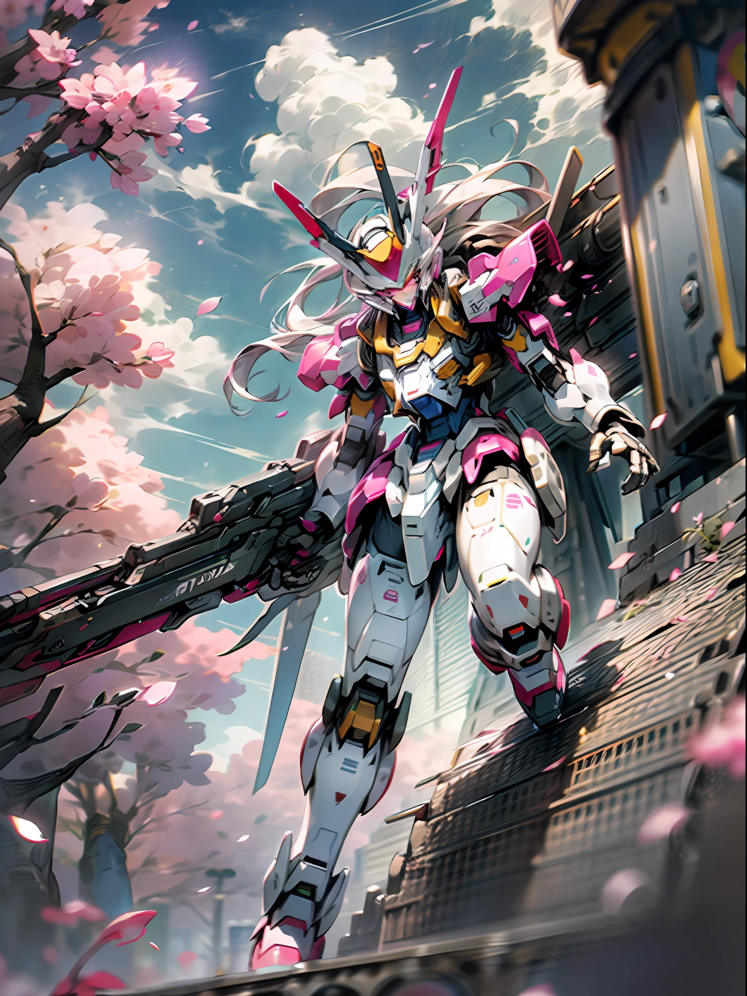 (best quality)), ((masterpiece)), (very detailed: 1.3), 8K, cool painting, full of sci-fi atmosphere, heavy machine gun pink giant Gundam in both hands, streamlined pink armor, complex weapons and equipment behind it, Gundam humanoid mech, anime mech aesthetics, perfect body proportions, running posture, white clouds in the sky, cherry blossom pink background, looking up perspective, ray tracing, light particles, nvidia TRTX, super resolution, Unreal 5, anime quadratic style, subsurface scattering, Specular and albedo maps, rule of thirds, large aperture, battle stance.