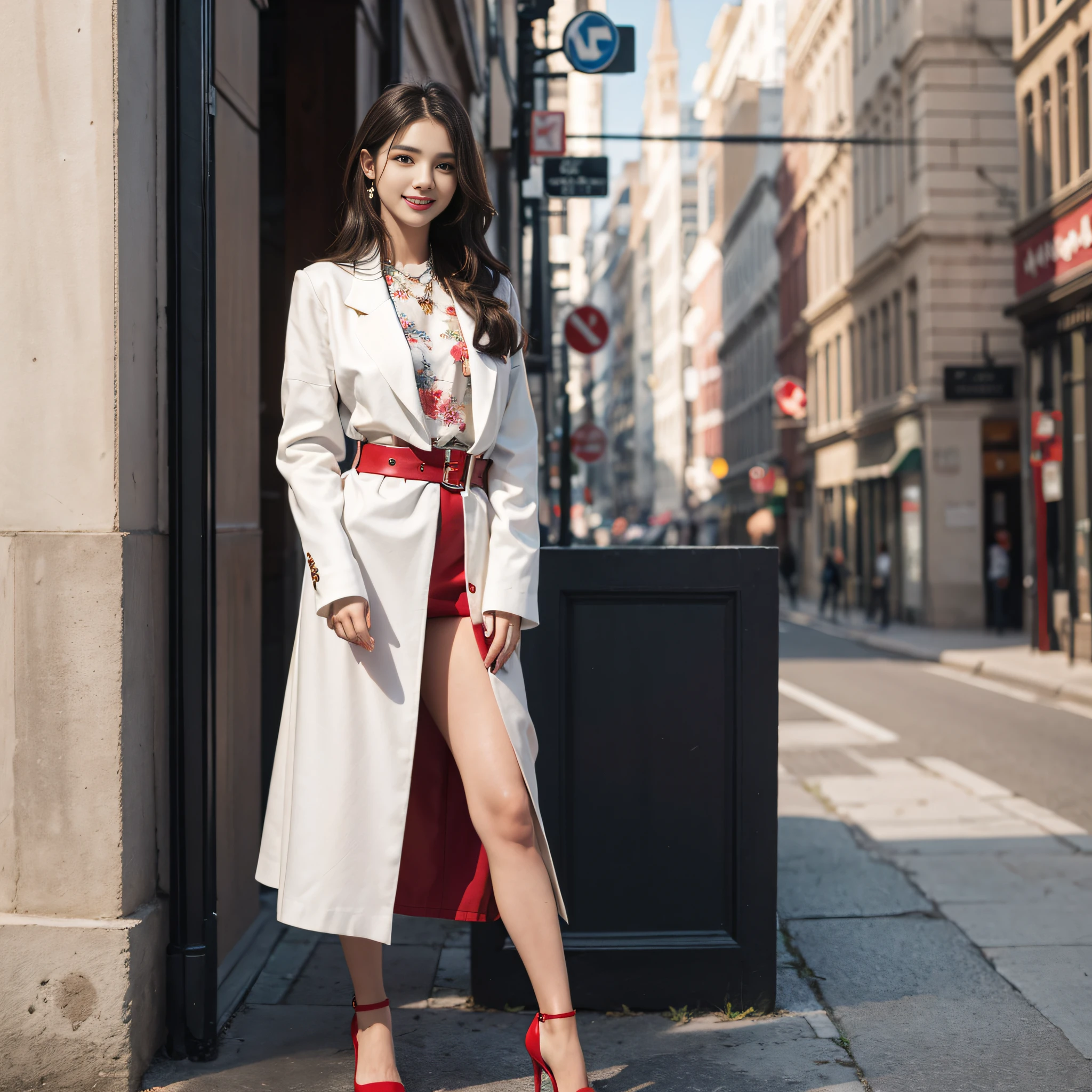 (masterpiece), (highest quality), (realistic), perfect face, perfect eyes, perfect nose, perfect mouth, perfect proportions, fashion model, natural lighting, 20 years old, beautiful woman, long hair, standing, front full body, smile, red lips, red high heels, face length and neat face,
