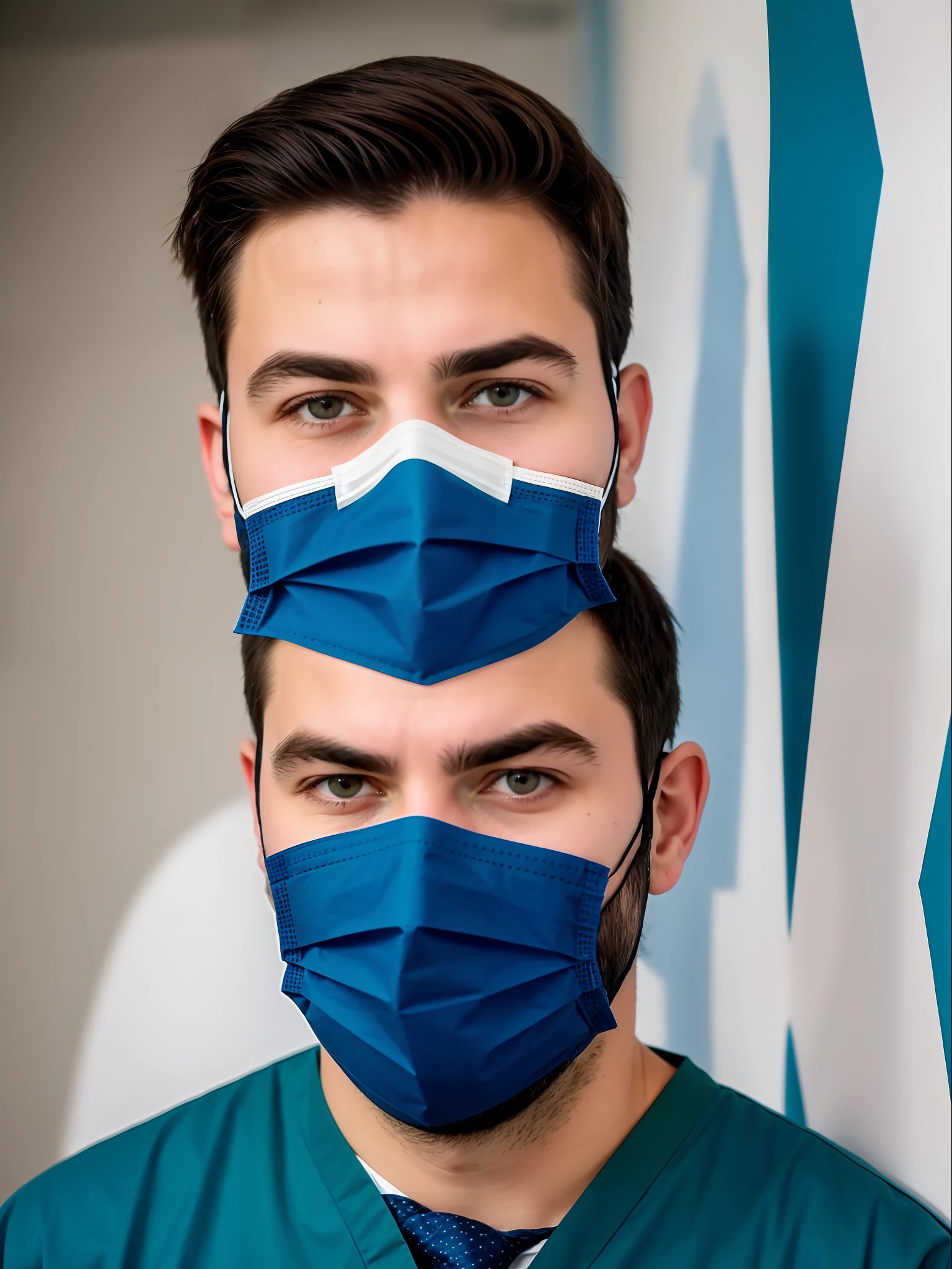 Arafeld man wearing a mask and tie in front of the wall, surgical mask covering his mouth
