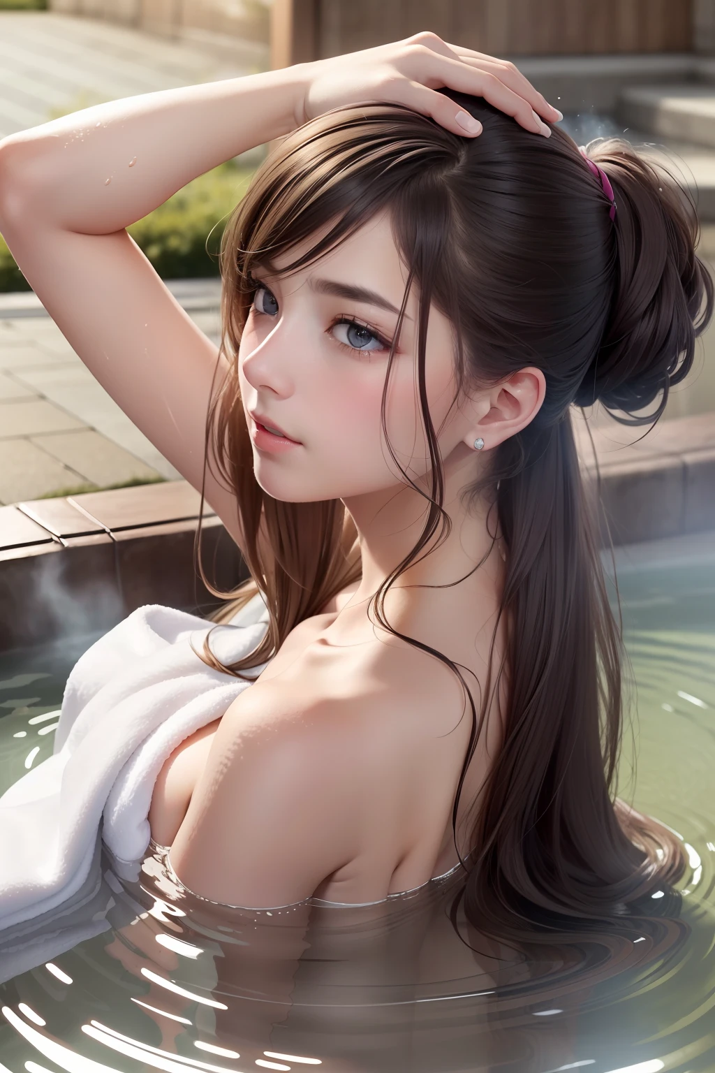 (8K), (Best Quality: 1.2), (Realistic), (Photorealistic: 1.37), Ultra High Definition, 1 Girl, Closed Mouth, Beautiful Details, Beautiful Nose in Detail, Best Image Quality, Outstanding Detail, Ultra High Resolution, Prefer Detail, Highly Condensed 1girl, Delicate and Beautiful Face, Long Hair, Tousled Hair, Hair Up, Lift Your Hair, Japan Hot Spring, Shoulder Out of Water, Wrap your whole body tightly with a bath towel, big, blush, from behind, beautiful neck, neck can be seen