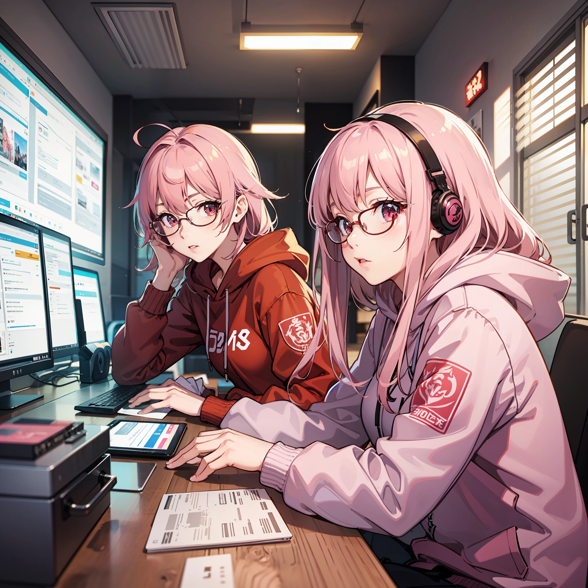 Anime characters in red hoodies sitting at a computer table 8k anime style realistic 3d anime, 3d style anime, realistic anime art style, in hoodies, wearing red hoodies, in anime style, light pink haired girl wearing hoodies, in anime style, anime realism style, steamer girl , cute , wearing pink glasses , red eyes , 1girl , long hair , medium breasts