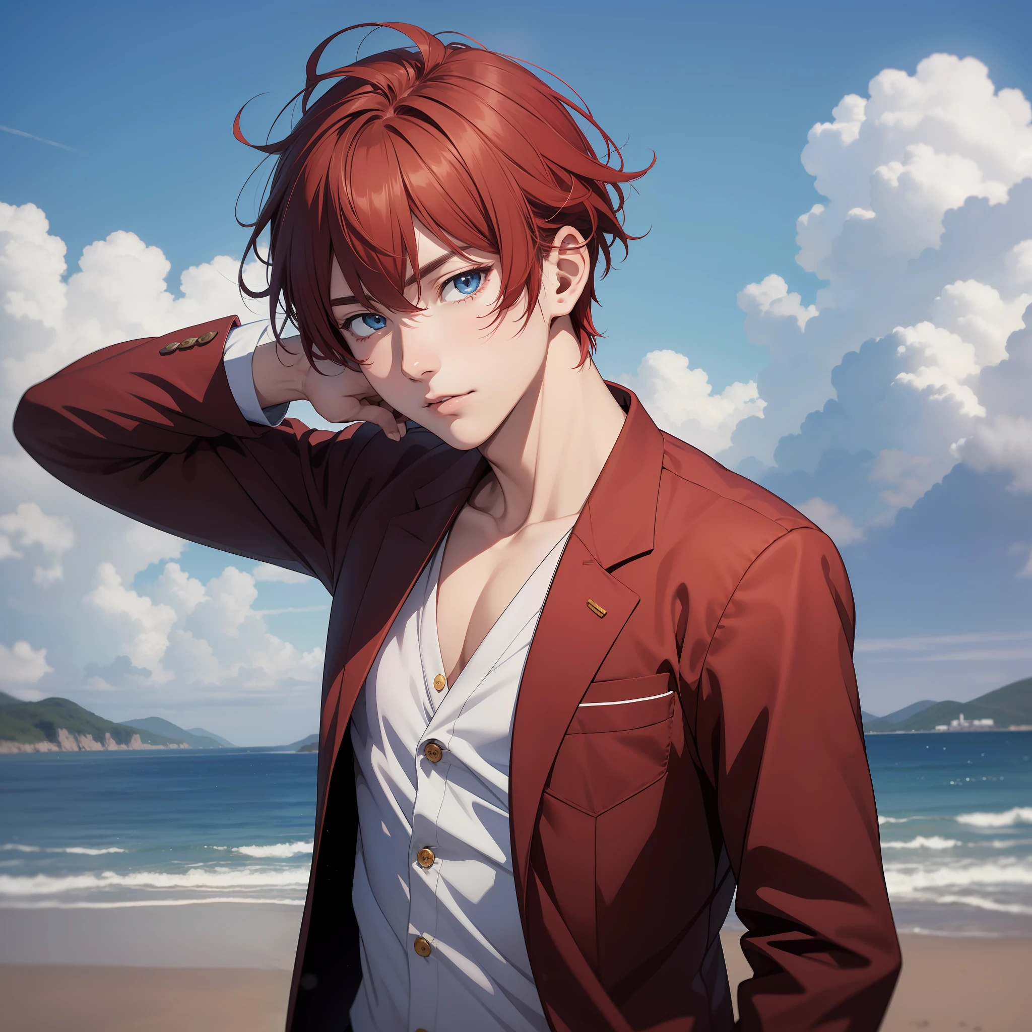 (Masterpiece) 8K resolution, Sento Miya 18 years old, refreshing young man, red hair, blue eyes, white suit, red shirt, anime style