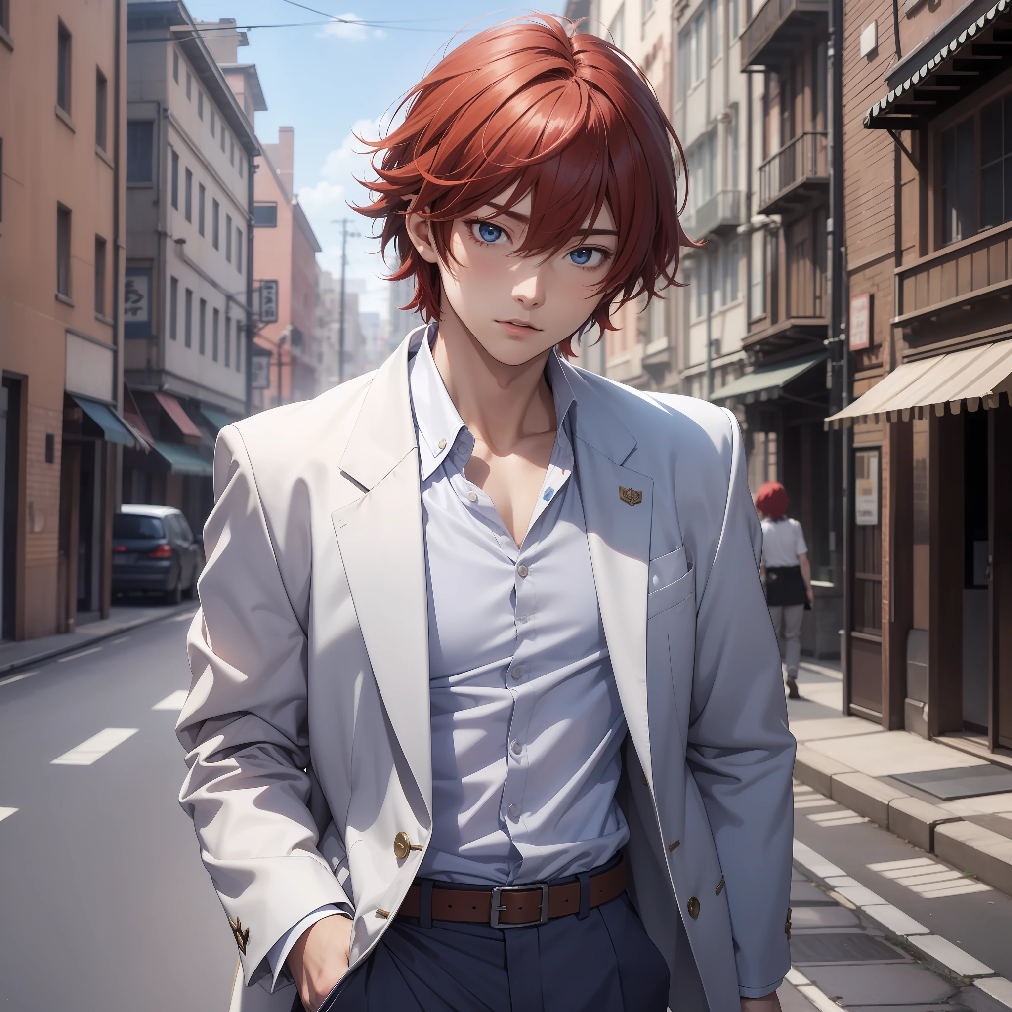 (Masterpiece) 8K resolution, Sento Miya 18 years old, refreshing young man, red hair, blue eyes, white suit, red shirt, anime style