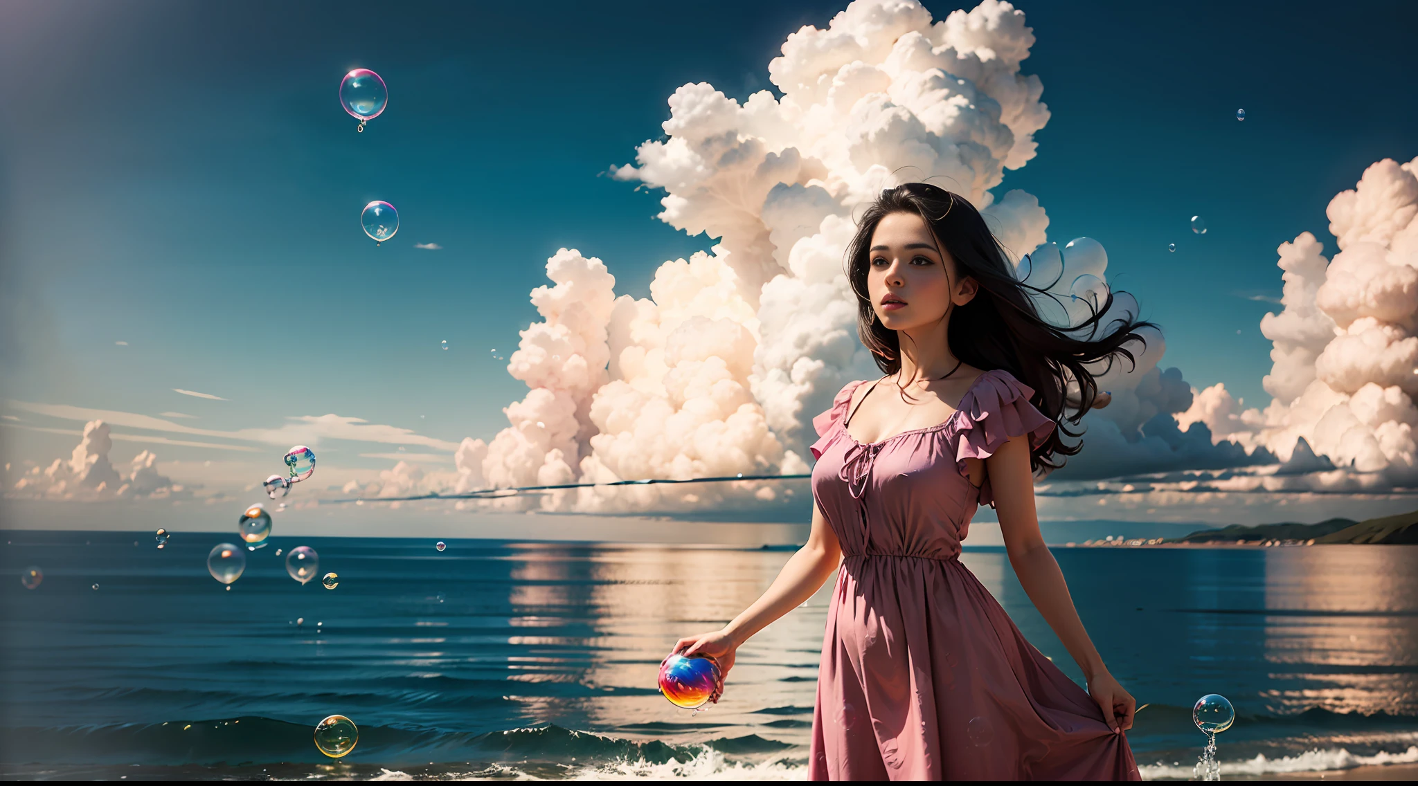 hd masterpiece, one standing woman, mid shot, colorful dress, clear hands, ((clouds and big colorful soap bubbles)), sea background