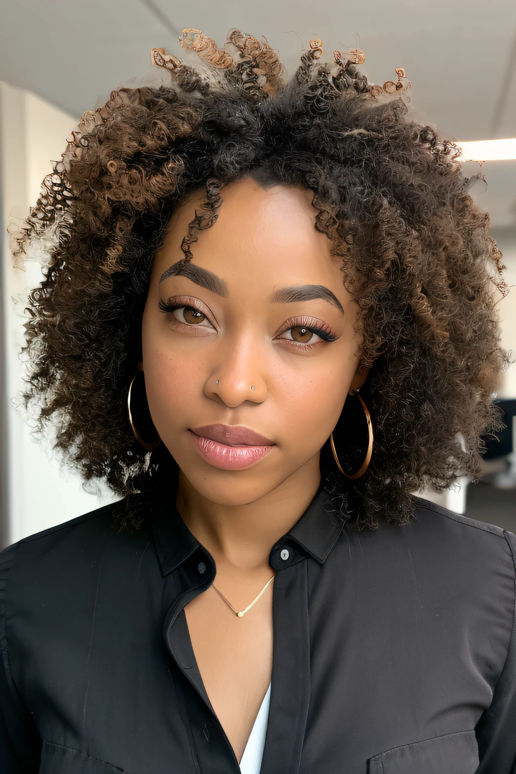 RAW portrait of a beautiful beautiful ebony woman wearing a white blouse, brazer and gray pants inside an office, facing the viewer, very detailed, 30 years old, serious face, short curly black hair natural, hazelnut eyes, high-res, masterpiece, best quality, intricate details, highly detailed, sharp focus, detailed skin, realistic skin texture,  texture, detailed eyes, professional, 4k, shot on Canon, 85mm, shallow depth of field, kodak vision color, perfect fit body, extremely detailed, photo_\ (ultra\), photorealistic, realistic, post-processing, maximum detail, roughness, real life, ultra realistic, photorealism, photography, 8k uhd, photography