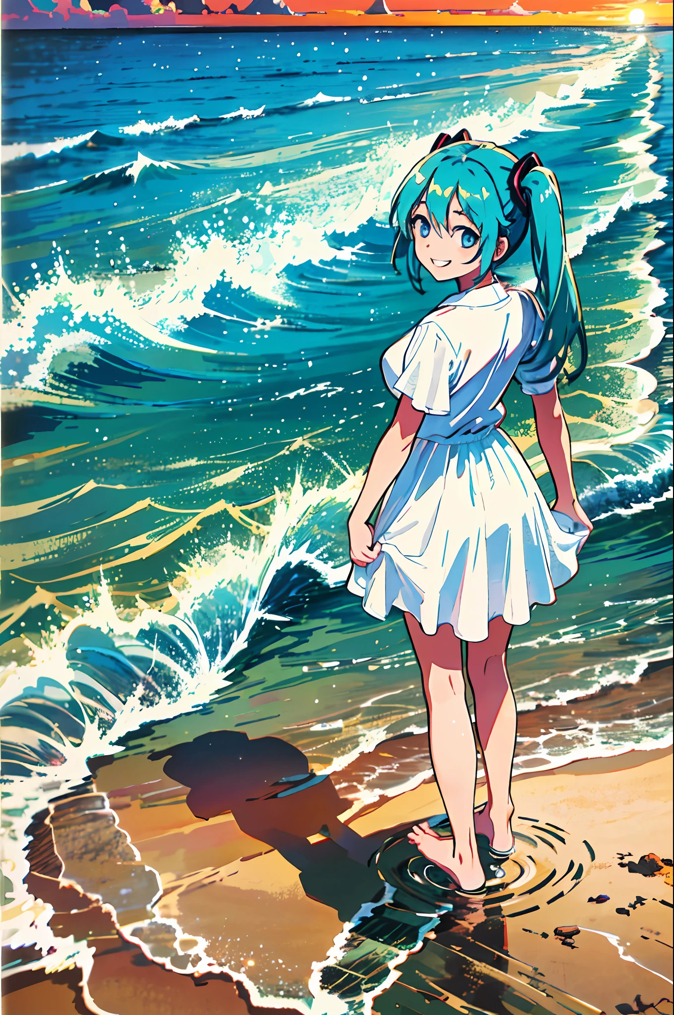 masterpiece, best quality, 1girl, best quality, ultra high res, 1girl, hatsune miku, full body, scenery, smile, ocean, sunset, city, barefoot, footprints, sand, white dress, from back, looking at viewer, looking back, silhouette, wading, standing on liquid