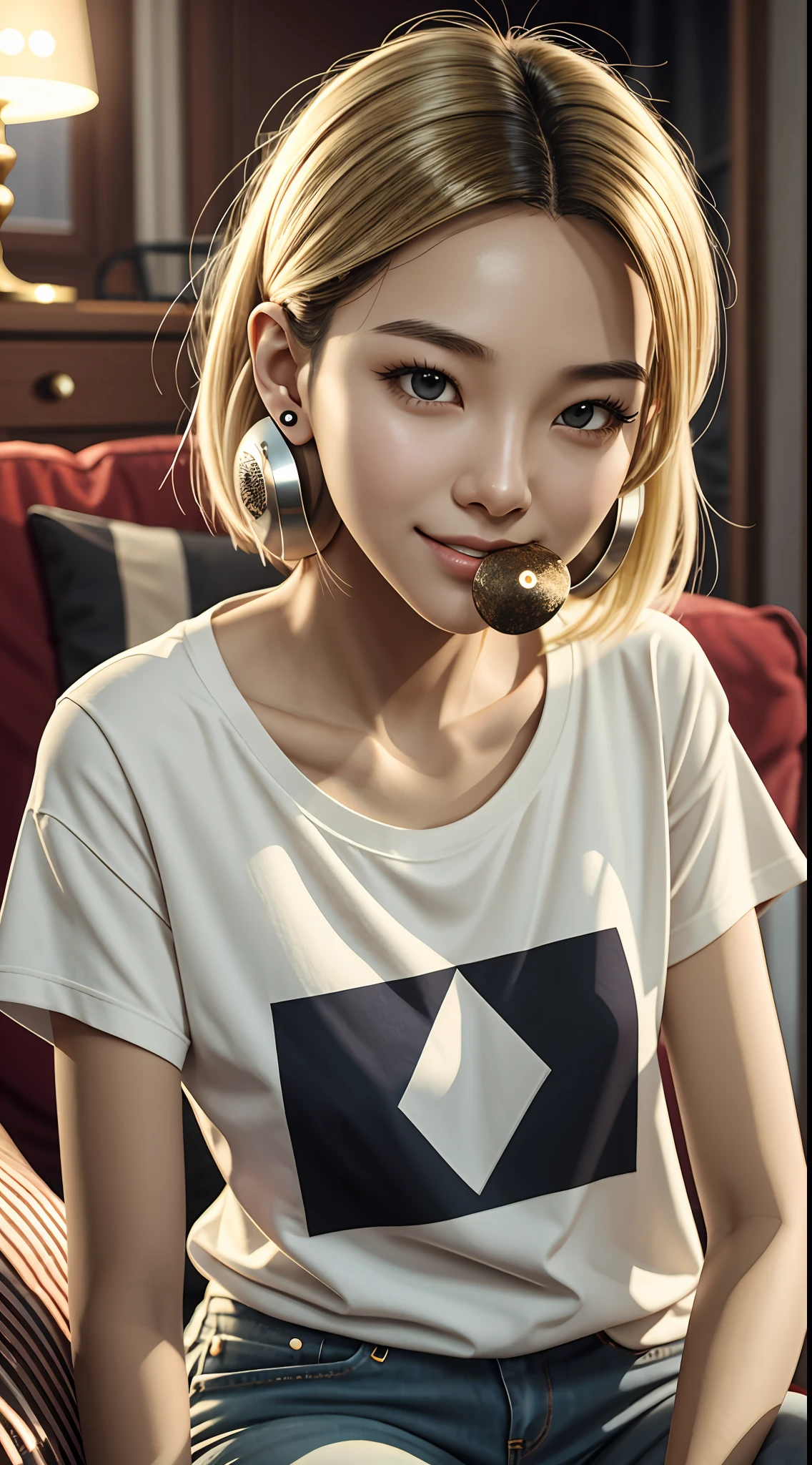 [22-year-old female],[face: round], [eyes: almond eye shape, blue color, thin and curved eyebrow shape], [Nose: Sticky shape, small hole], [Mouth: thick lip shape, Neat teeth], [Chin: Tyre chin shape, Sunken chin], [Hair: Short hairstyle, blonde color,], [Ears: Small ear shape], [skin: white skin color, Smooth skin texture], [Facial expression: smile], [Activity: Sitting on the sofa in the living room],
[Top clothes: T-shirt, brown color, plaid pattern, delicate texture, casual wear style, folded clothing design, well-maintained clothing condition]
Professional photograph of a stunning woman detailed, cinematic lightning, octane render, unreal engine, volumetrics dtx