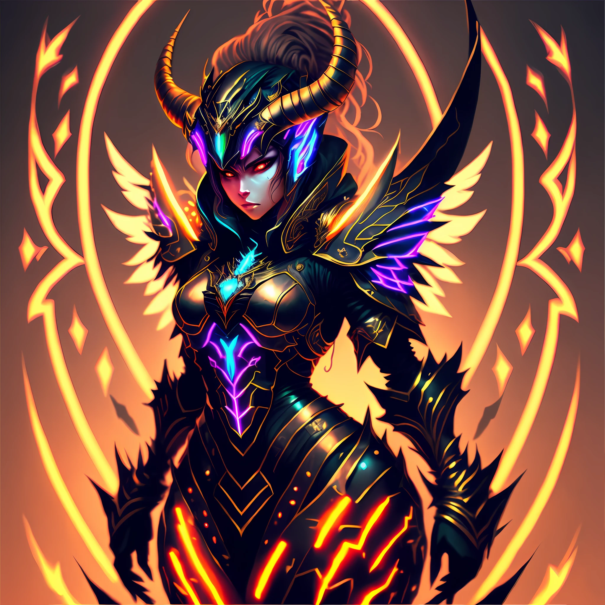 "Demon queen in a cyber armor with neon lights, impressive demon wings, dynamic pose, dramatic lighting, gloomy background, sharp details"