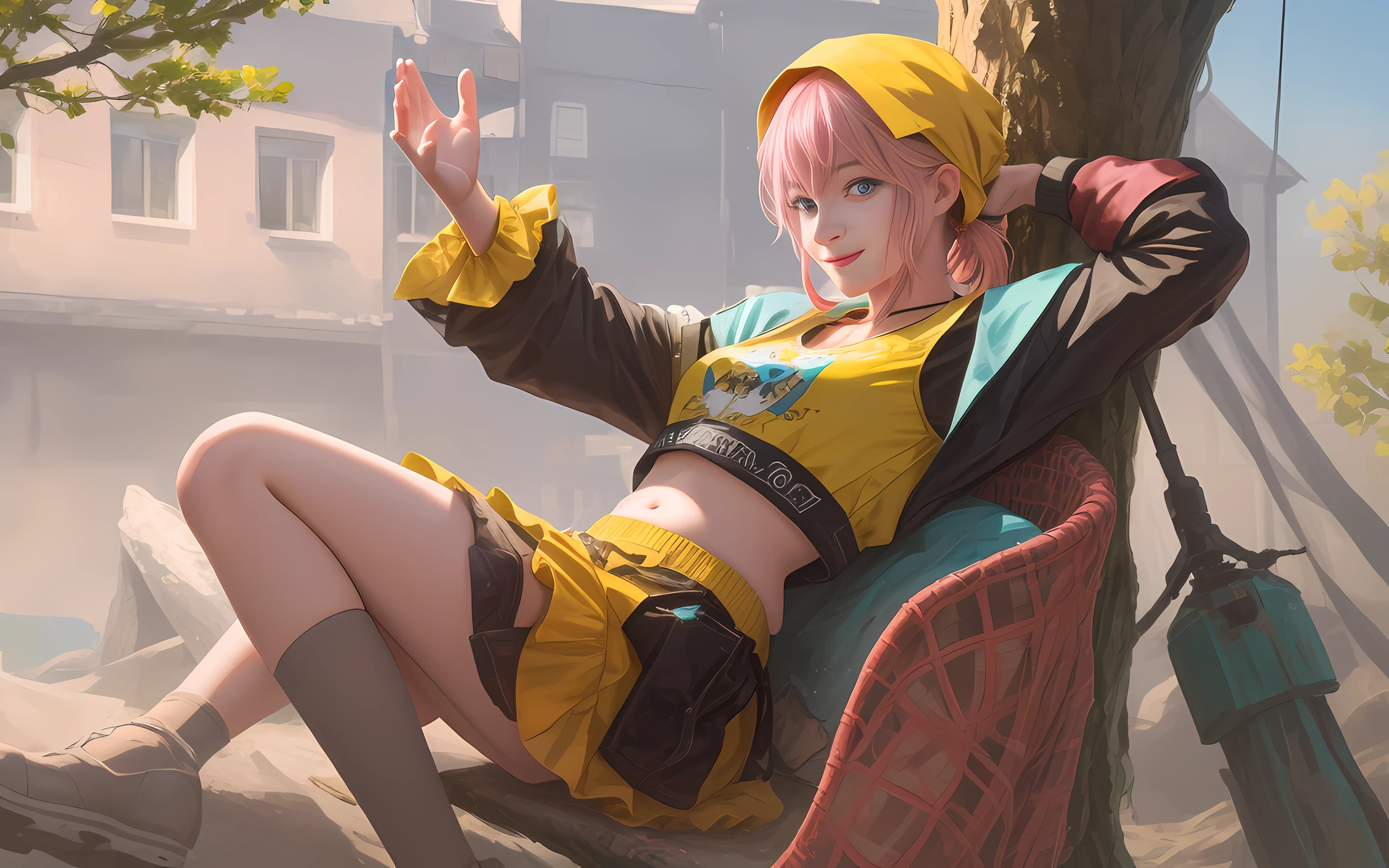 A young girl resting on a tree, pink hair, blue eyes, looking to the left, face plump, smiling, small dried fish, real person, hands raised, hair tied up, very detailed art, yellow top, background depth of field, cinematic quality, face realism, vivid, high resolution, photorealism