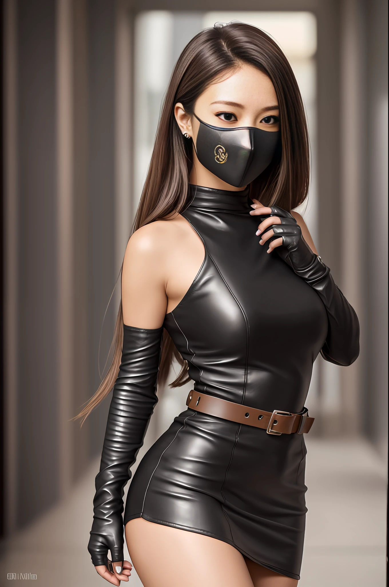 absurdres, RAW photo, highest quality, (masterpiece: 1.3), high detail RAW color photo, professional photo, extremely detailed CG 8k wallpaper unit, photo-realistic, realistic, RAW photo, masterpiece, best quality, highres,
1girl, 23 YEARS old, Japanese, oriental, short, straight brown hair with locks in front, Average length, random hairstyle, athletic body, thin legs, perfect beautiful face, beautiful realistic brown eyes, fair skin, detailed skin texture, very large natural breasts. Serious. Elegant. selfie angle. (short black leather dress, belt, long boots, long gloves, ninja mask, realistic design). Standard Room, Night