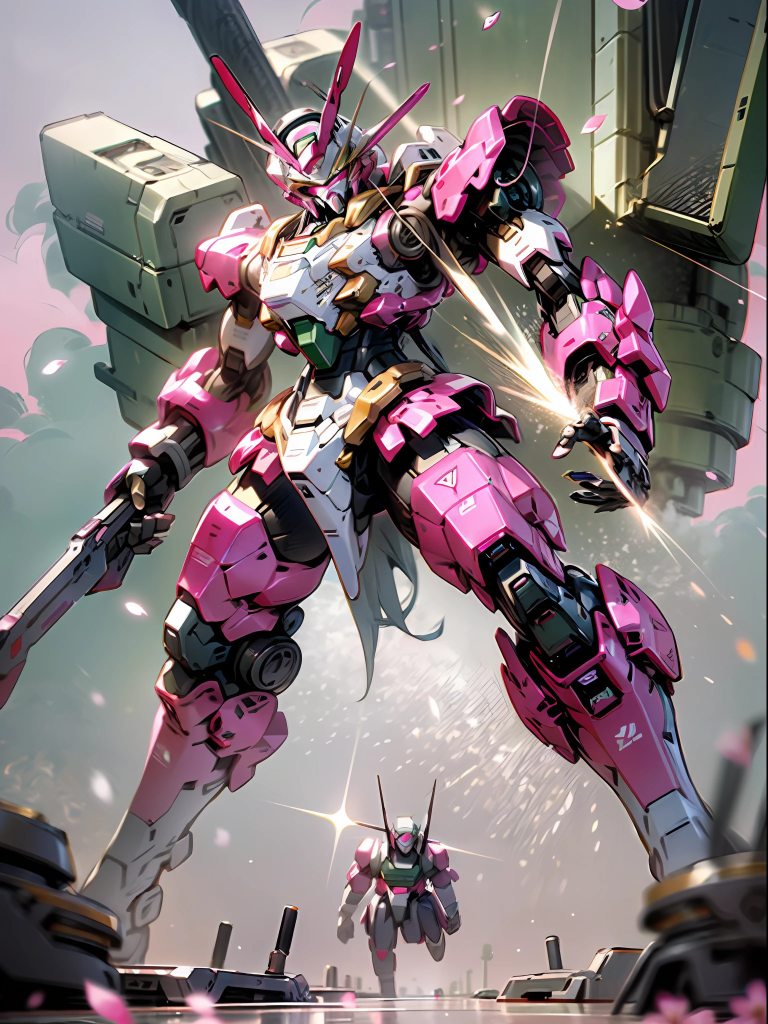 (best quality)), ((masterpiece)), (very detailed: 1.3), 8K, cool painting, full of sci-fi atmosphere, heavy machine gun pink giant Gundam in both hands, streamlined pink armor, complex weapons and equipment behind it, Gundam humanoid mech, anime mech aesthetics, perfect body proportions, running posture, white clouds in the sky, cherry blossom pink background, looking up perspective, ray tracing, light particles, nvidia TRTX, super resolution, Unreal 5, anime quadratic style, subsurface scattering, Specular and albedo maps, rule of thirds, large aperture, battle stance.