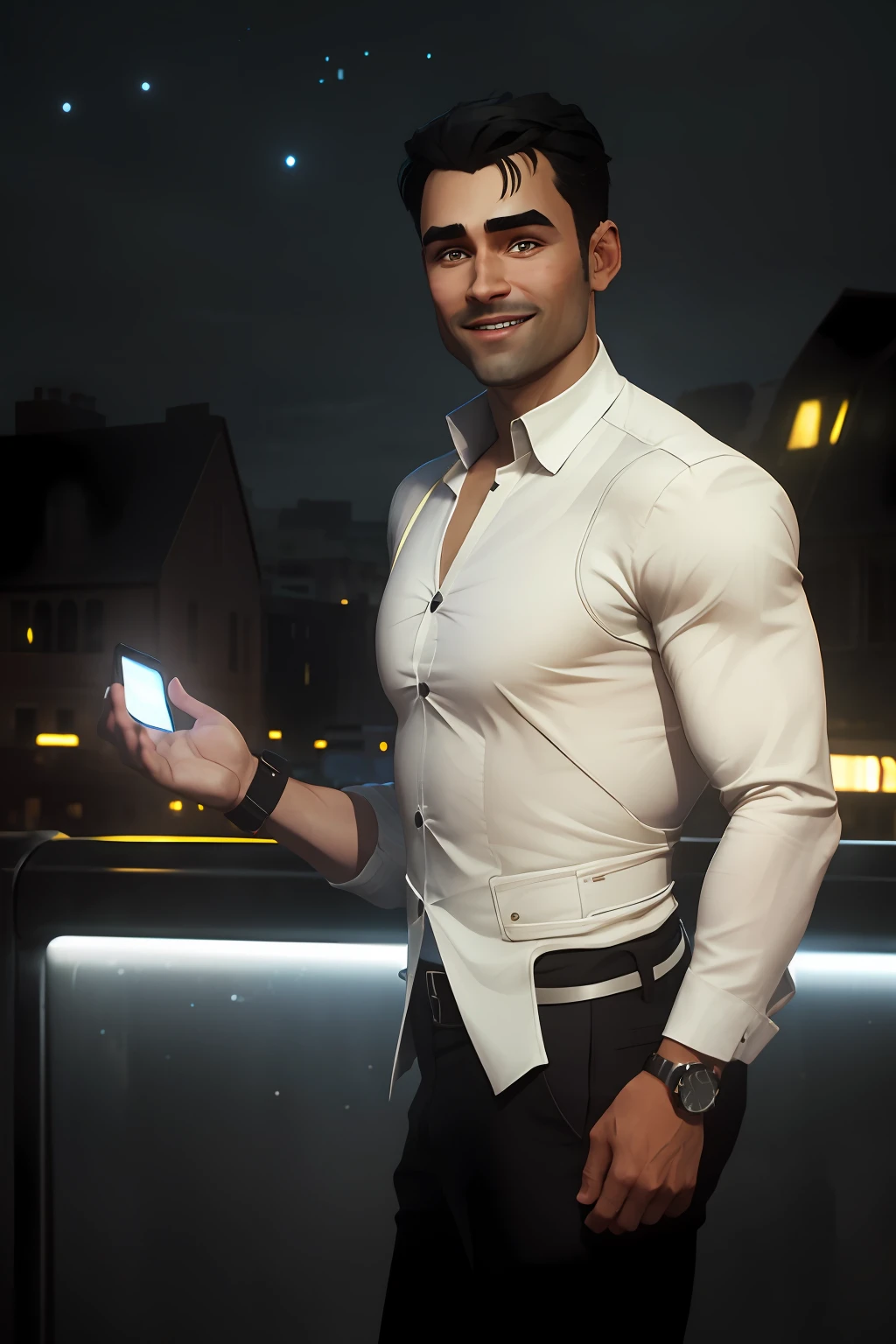 Arcane style, 1man, watch on right hand, asymmetric bangs, bangs, black hair, white shirt, looking at the audience, smiling, night, city, full body, standing,